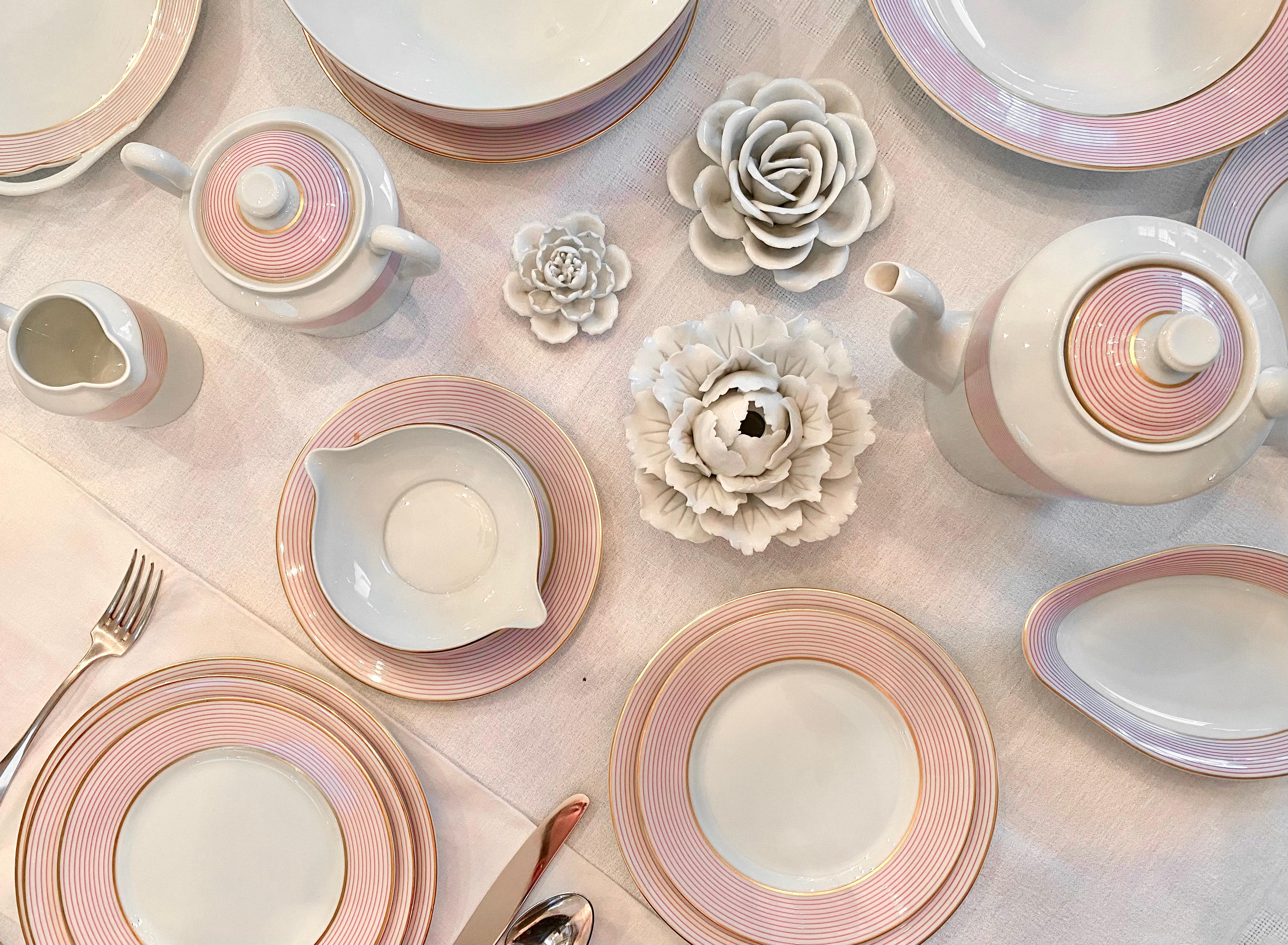 Le service de table 54 pièces de Limoges comprend 23 assiettes plates ainsi que des assiettes d'autres tailles et des plats de service en porcelaine fine. Le motif de Raynaud 