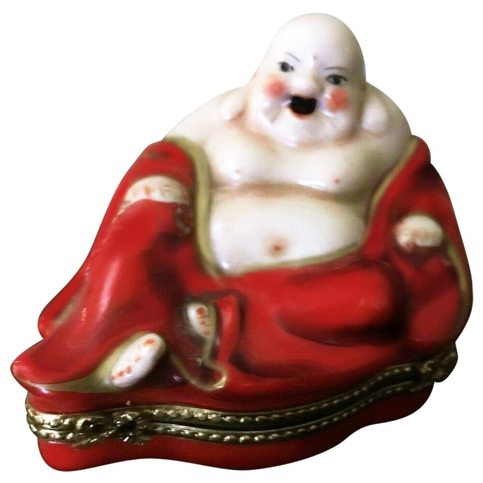  Limoges French Hand Painted Porcelain Budai Hotei Laughing Buddha Trinket Box