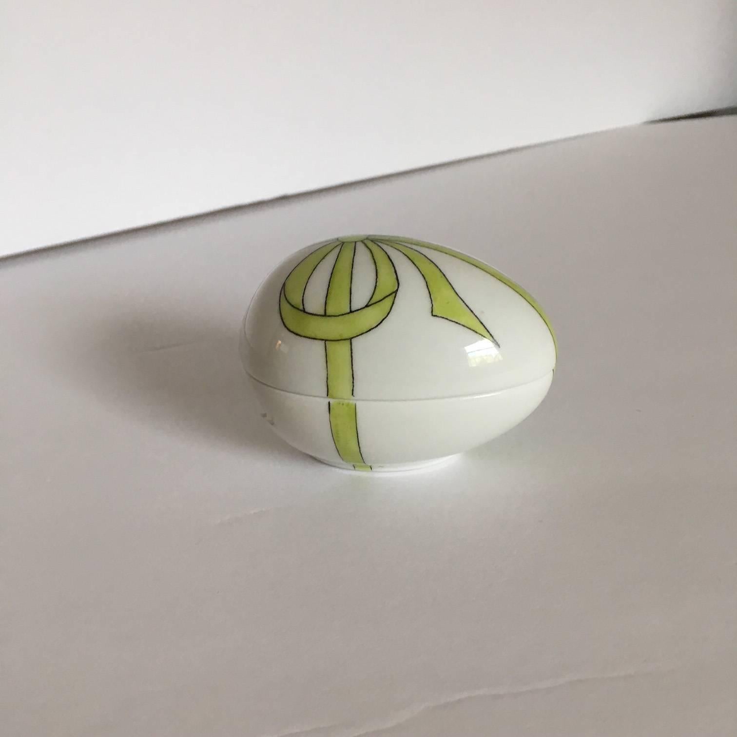 French Provincial Limoges Green Bow Egg Shape Box