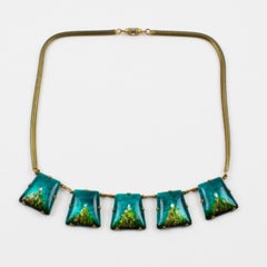 Limoges Green Enamel and Pate de Verre Charm Choker Necklace