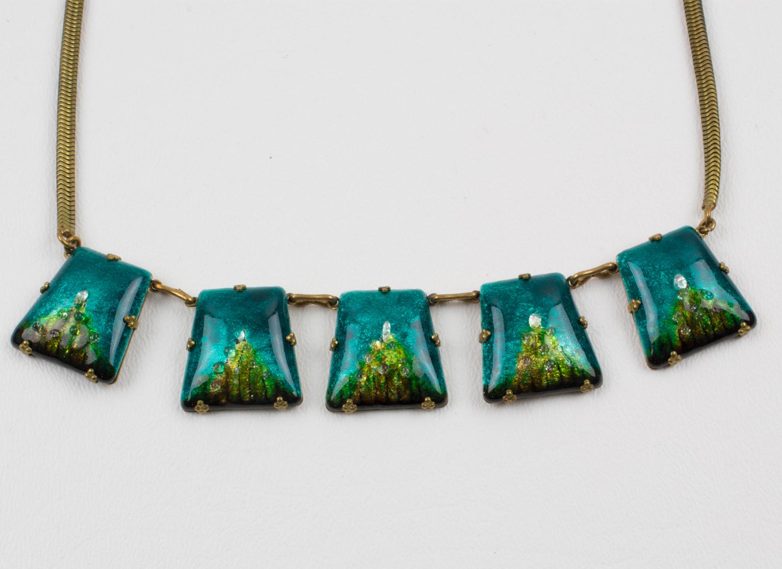 Limoges Green Enamel and Pate de Verre Charm Choker Necklace In Good Condition In Atlanta, GA