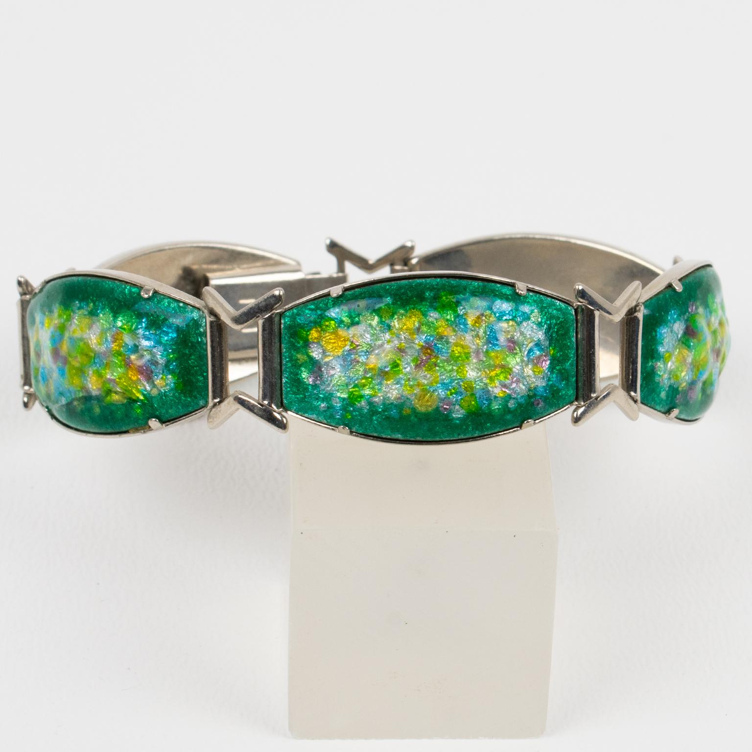 Art Deco Limoges Green Enamel and Pate de Verre Link Bracelet For Sale