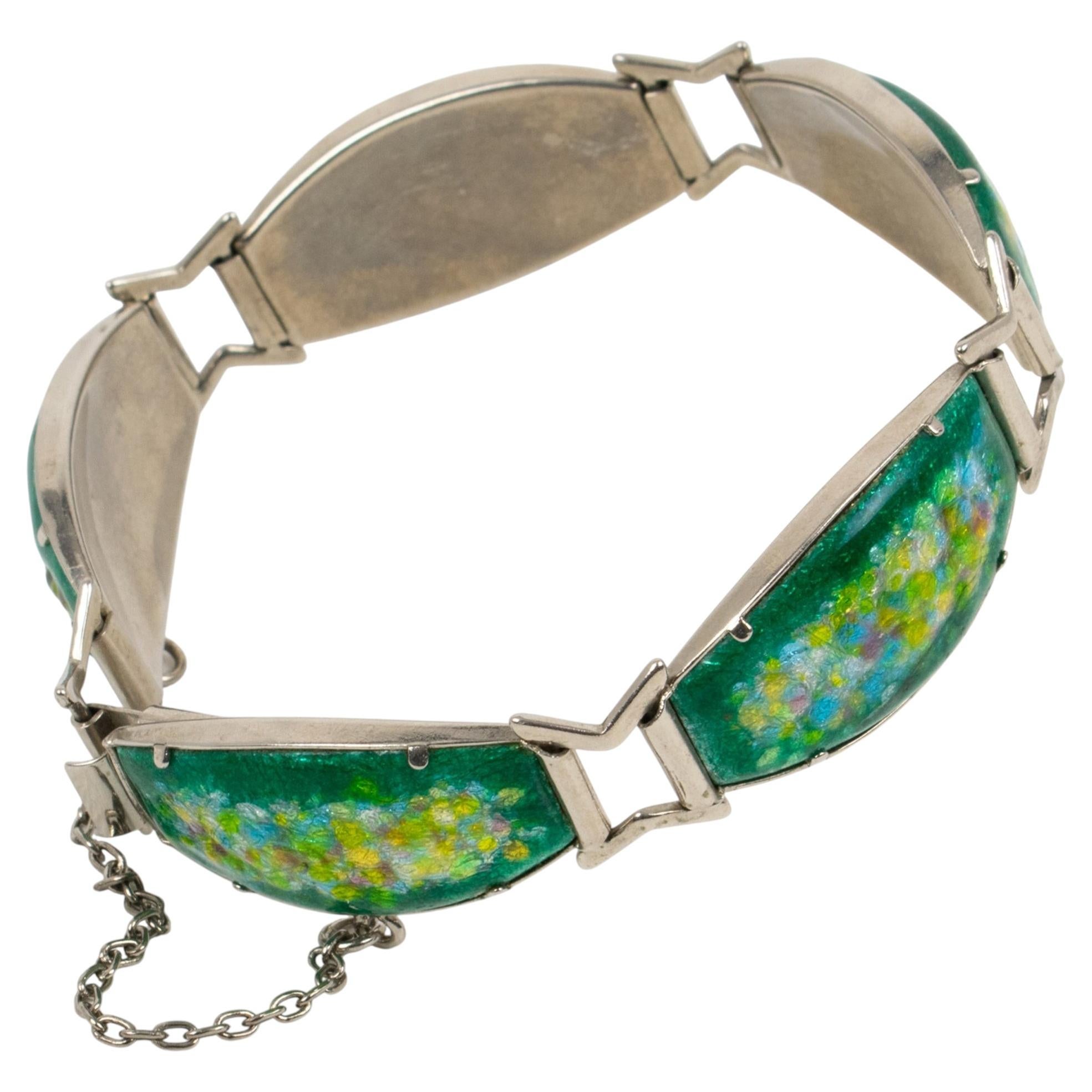 Limoges Gliederarmband aus grüner Emaille und Pate de Verre im Angebot