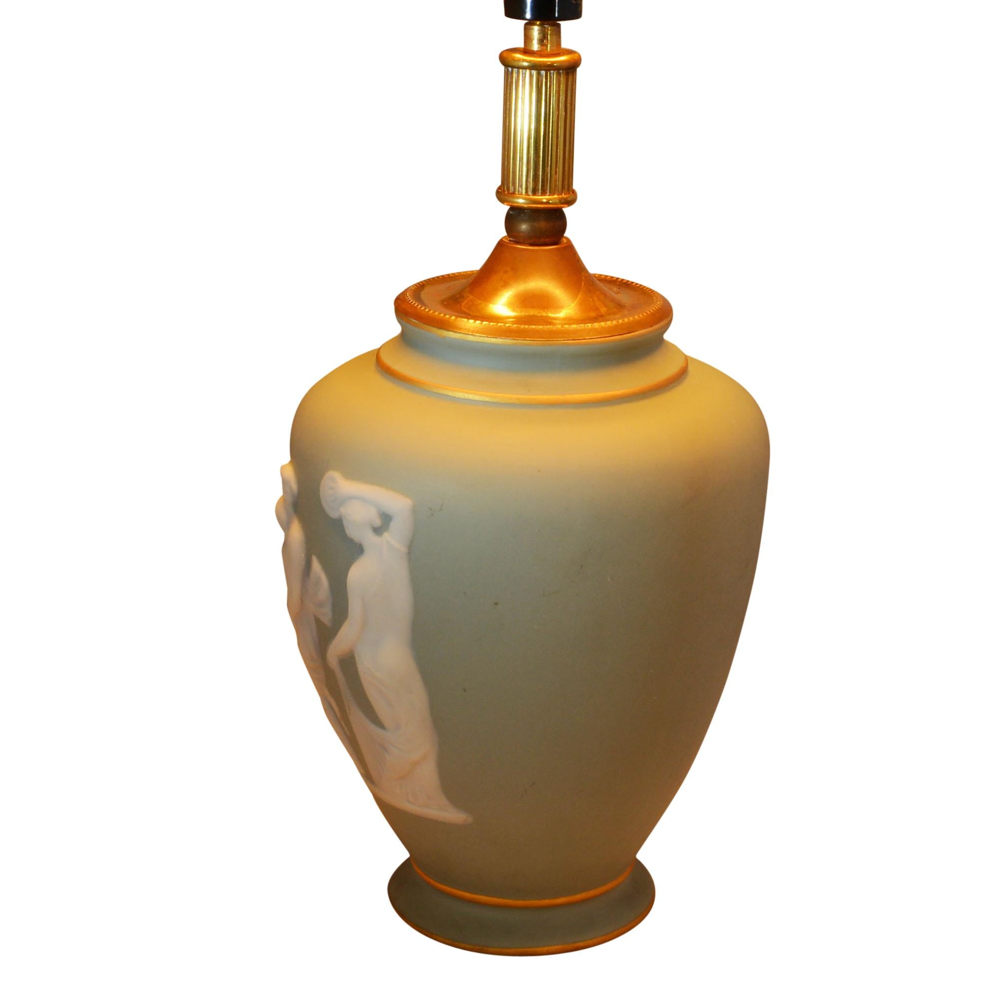 Limoges Green Lamp Urn Shaped by Tharaud In Good Condition For Sale In Pataskala, OH