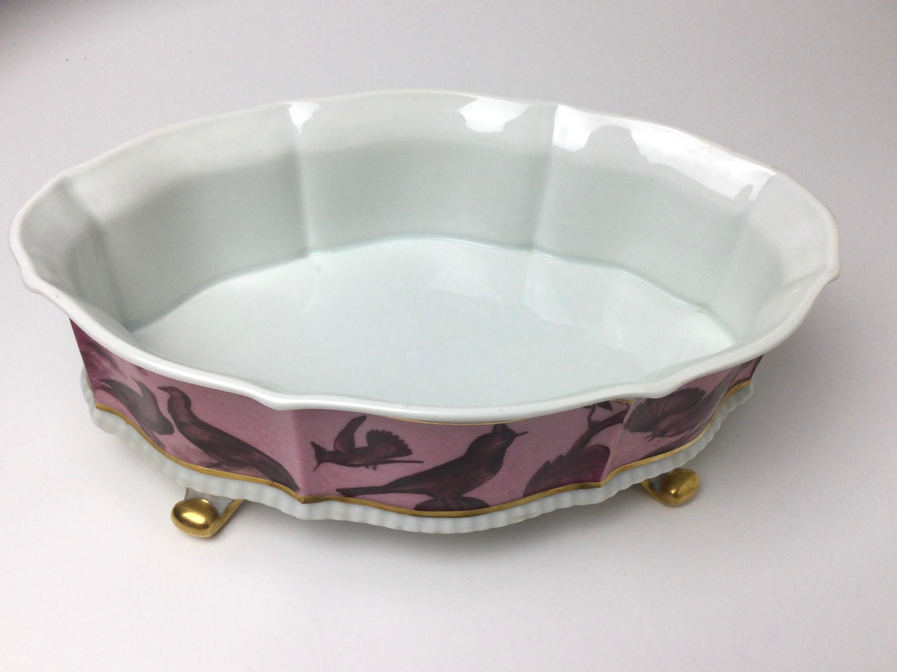 French Limoges Hand Painted Footed Center Piece Bowl with Birds Signed For Sale