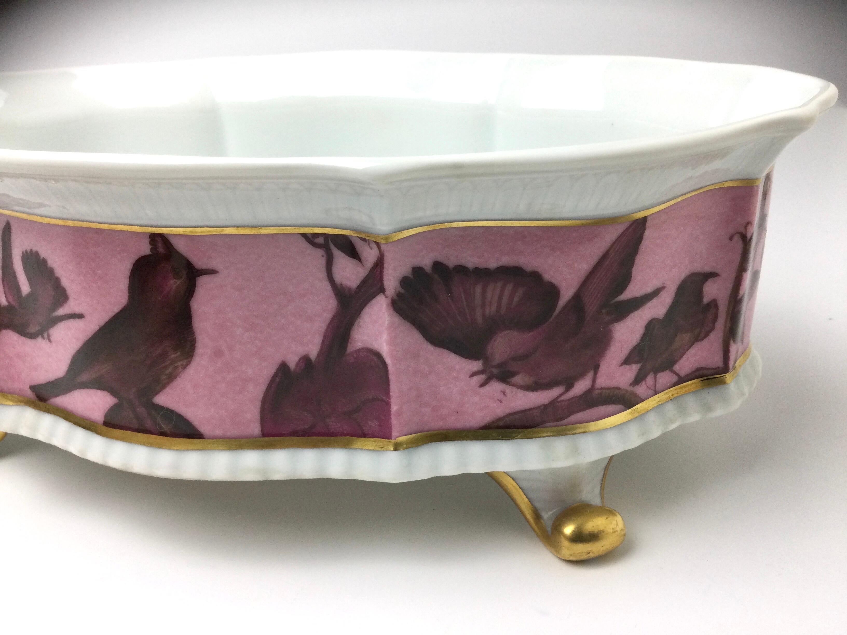 Limoges Hand Painted Footed Center Piece Bowl with Birds Signed In Excellent Condition For Sale In Lambertville, NJ