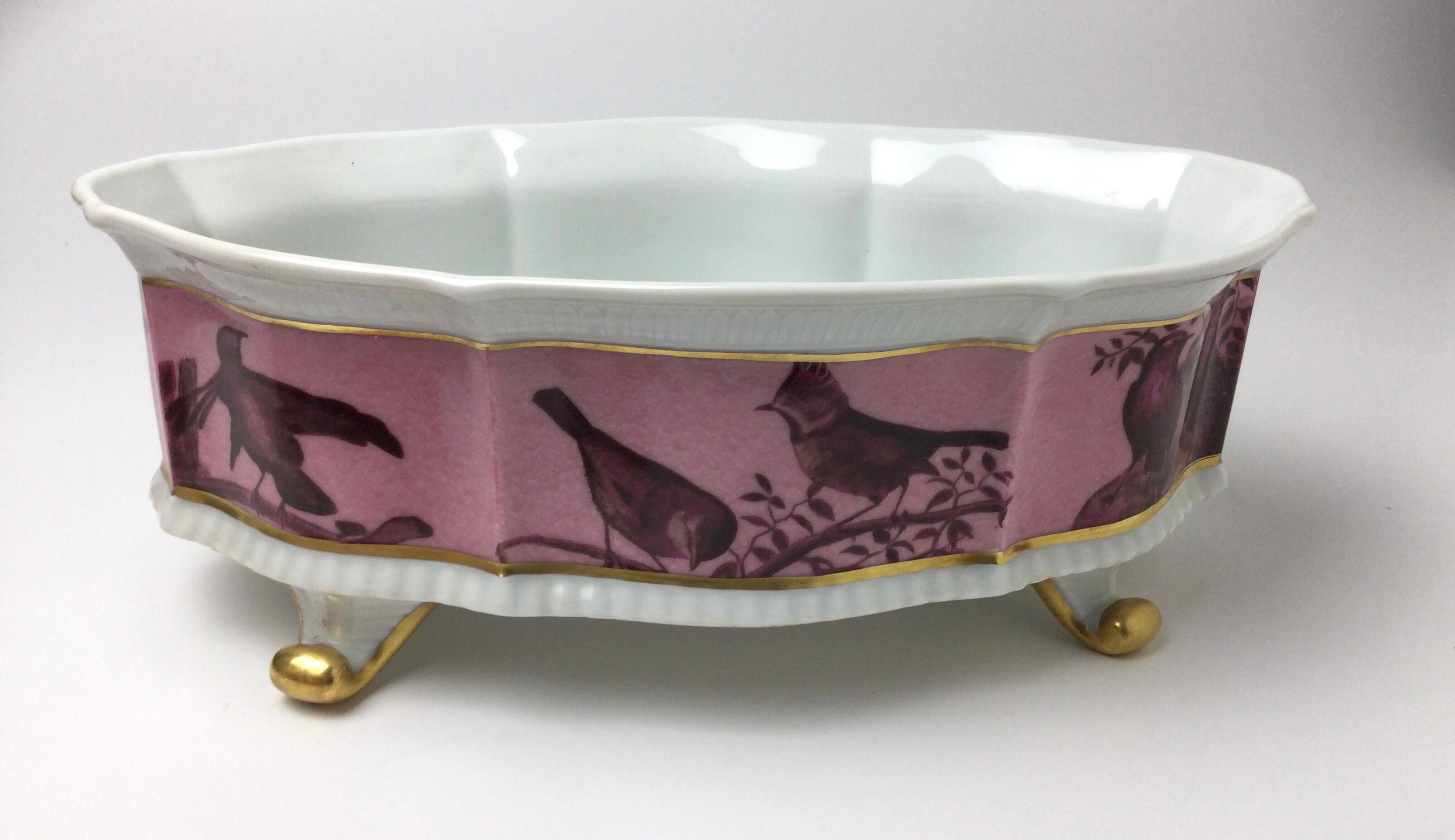 Mid-20th Century Limoges Hand Painted Footed Center Piece Bowl with Birds Signed For Sale
