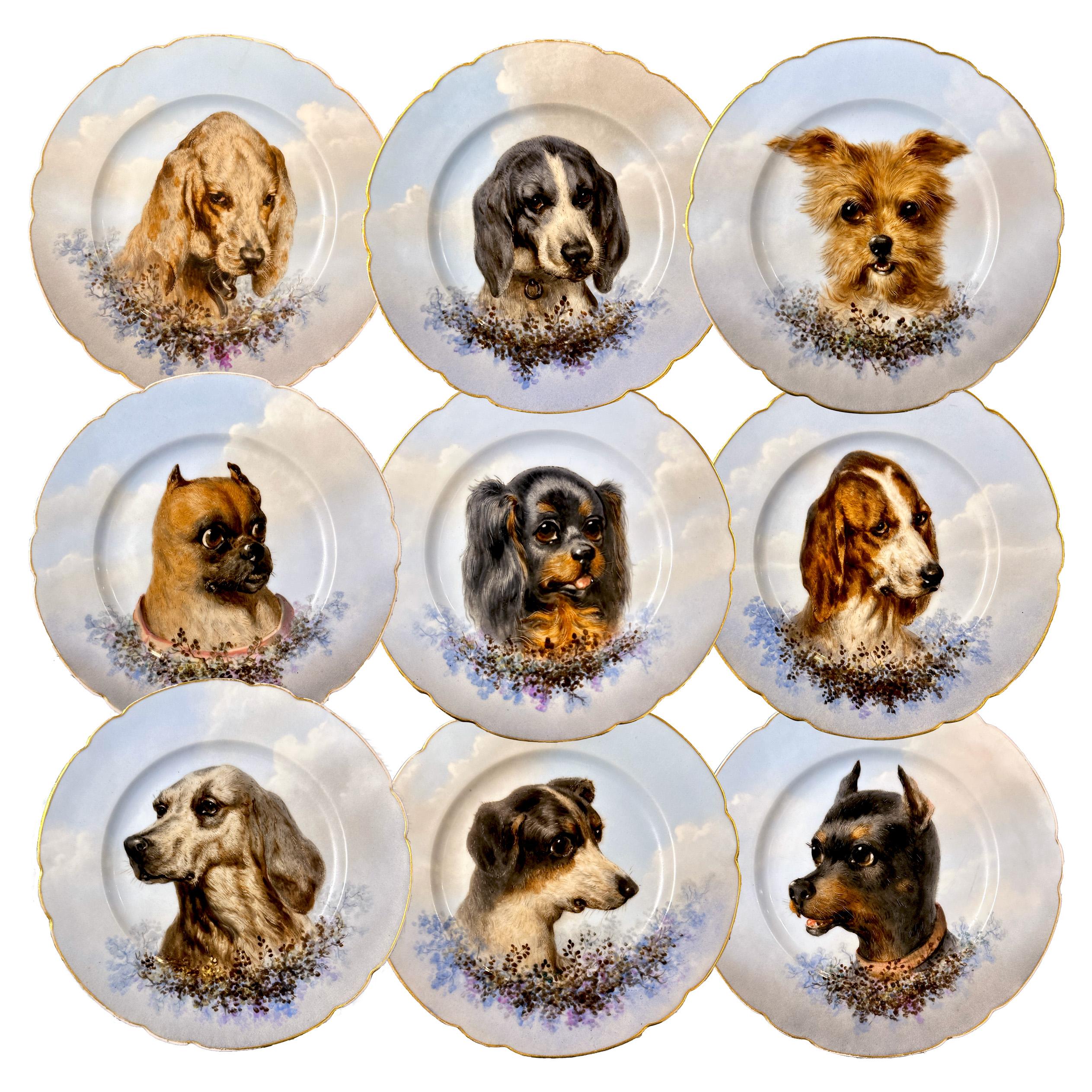 The set includes: 
9 dog plates
4 oval serving platters 39,5x26,5cm
2 oval serving platters 44,5x30,5cm

This sumptuous porcelain service consists of plates and a serving platter, all hand-painted with unmatched elegance. Each piece showcases