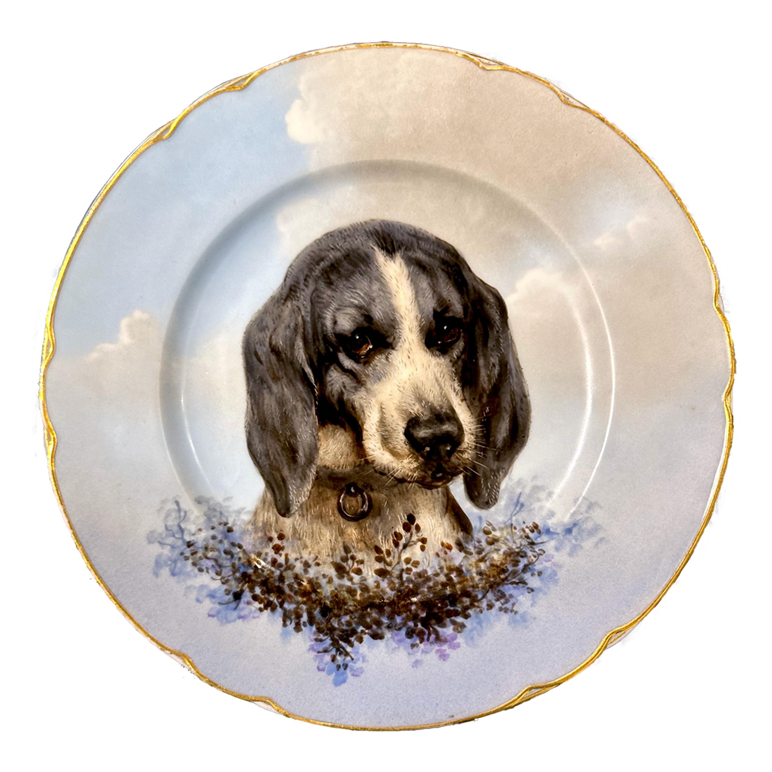 Hand-Painted Limoges hand painted porcelain dog set, Escalier de Cristal, XIXe