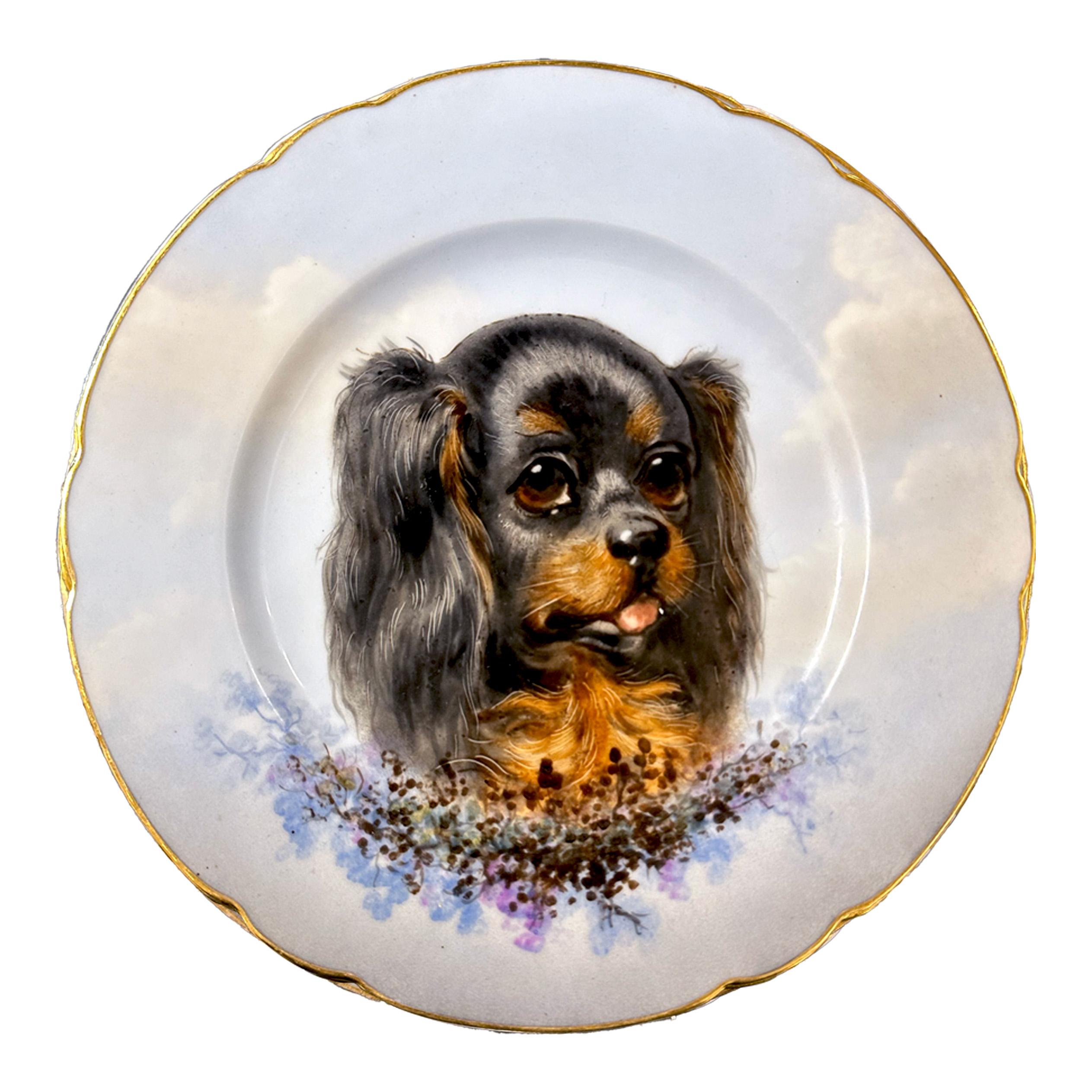 Gold Limoges hand painted porcelain dog set, Escalier de Cristal, XIXe