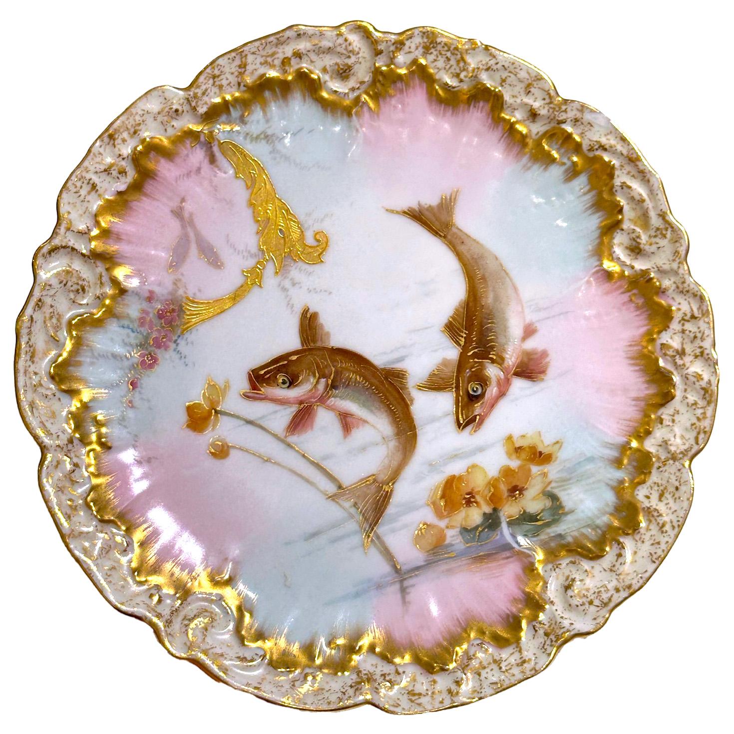 Limoges handbemaltes Porzellan Fisch Set, Grand Dépôt Paris, E. Bourgeois, XIXe (Französisch) im Angebot