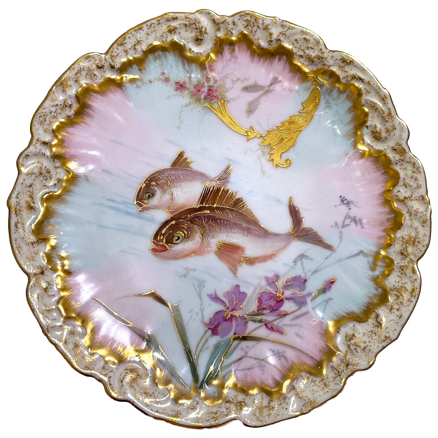 Limoges handbemaltes Porzellan Fisch Set, Grand Dépôt Paris, E. Bourgeois, XIXe (Handbemalt) im Angebot