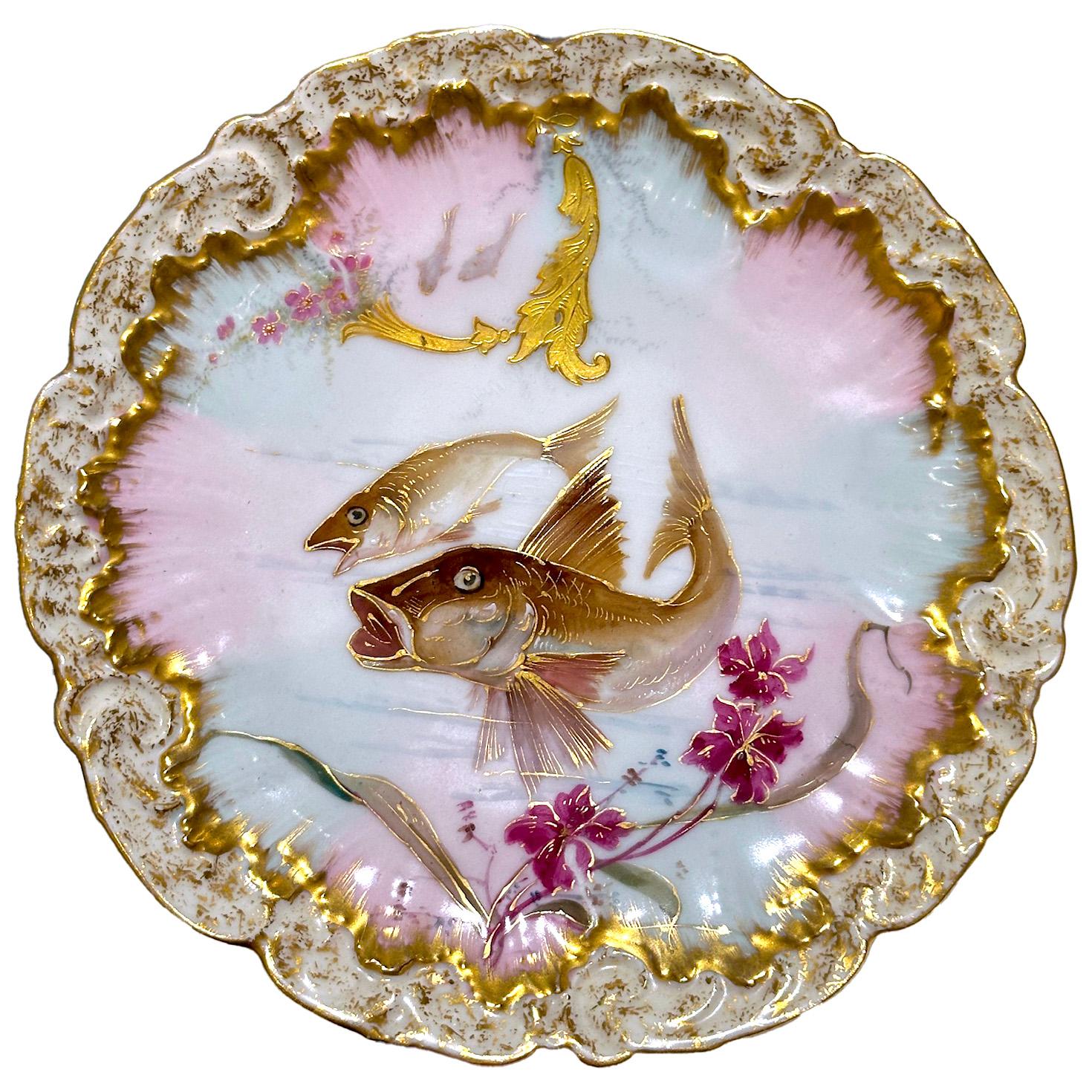 Limoges handbemaltes Porzellan Fisch Set, Grand Dépôt Paris, E. Bourgeois, XIXe (19. Jahrhundert) im Angebot