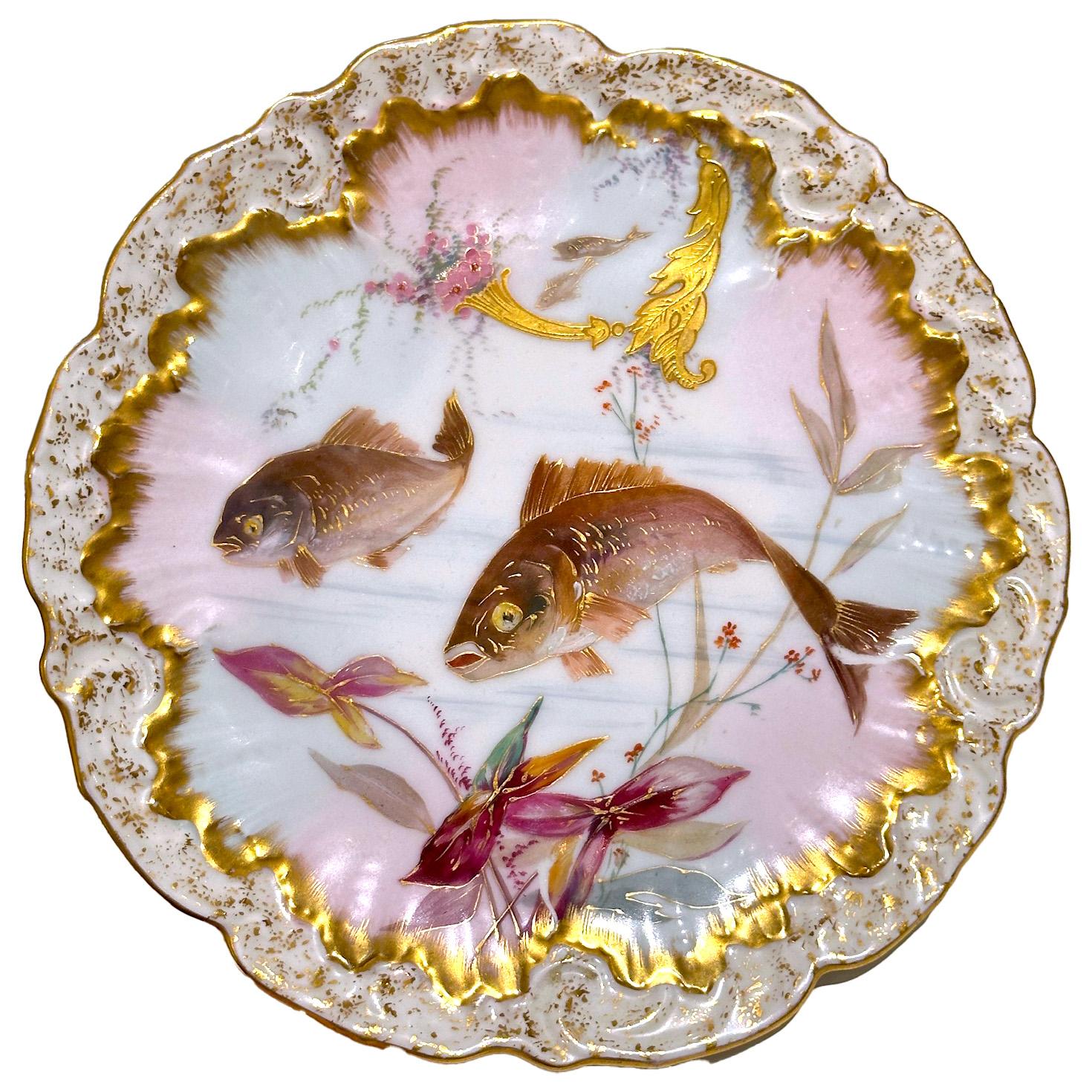 Limoges handbemaltes Porzellan Fisch Set, Grand Dépôt Paris, E. Bourgeois, XIXe (Gold) im Angebot