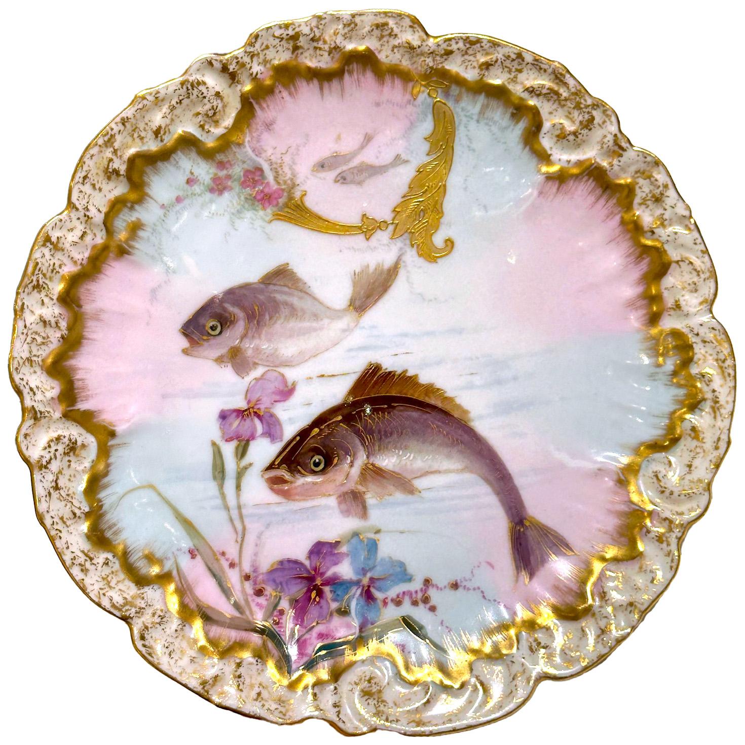 Limoges handbemaltes Porzellan Fisch Set, Grand Dépôt Paris, E. Bourgeois, XIXe im Angebot 1