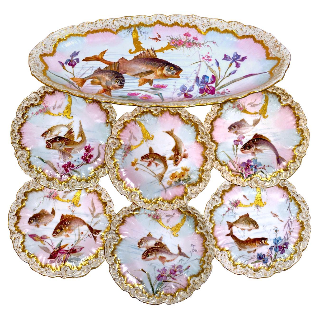 Limoges handbemaltes Porzellan Fisch Set, Grand Dépôt Paris, E. Bourgeois, XIXe im Angebot
