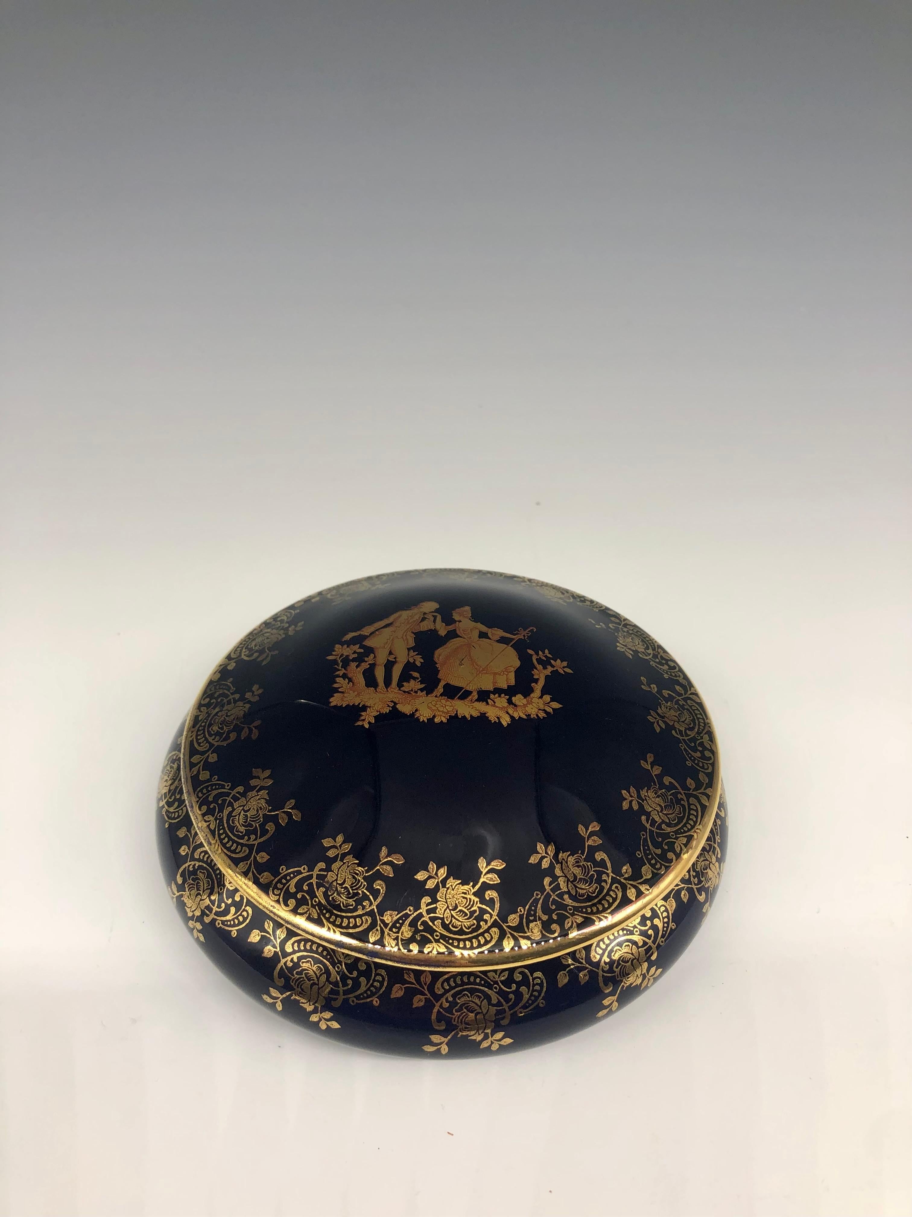 Vintage Cobalt Blue and Gold Trim Limoges Porcelain Trinket Box France - Gray Figurative Sculpture by Limoges (Manufacturer)