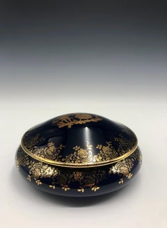 Retro Cobalt Blue and Gold Trim Limoges Porcelain Trinket Box France 