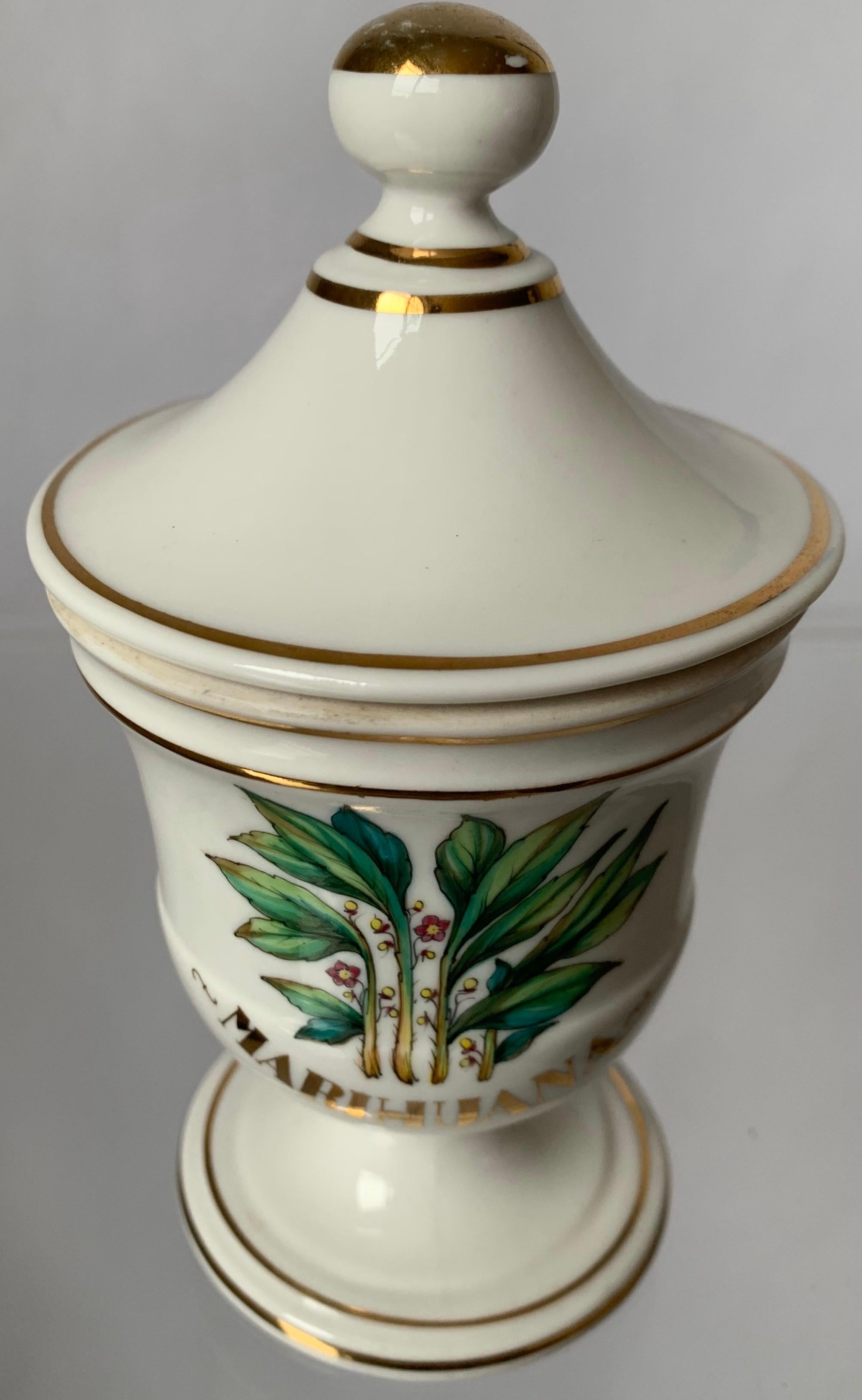Limoges Marihuana porcelain gold rim apothecary jar. Signed on the underside.