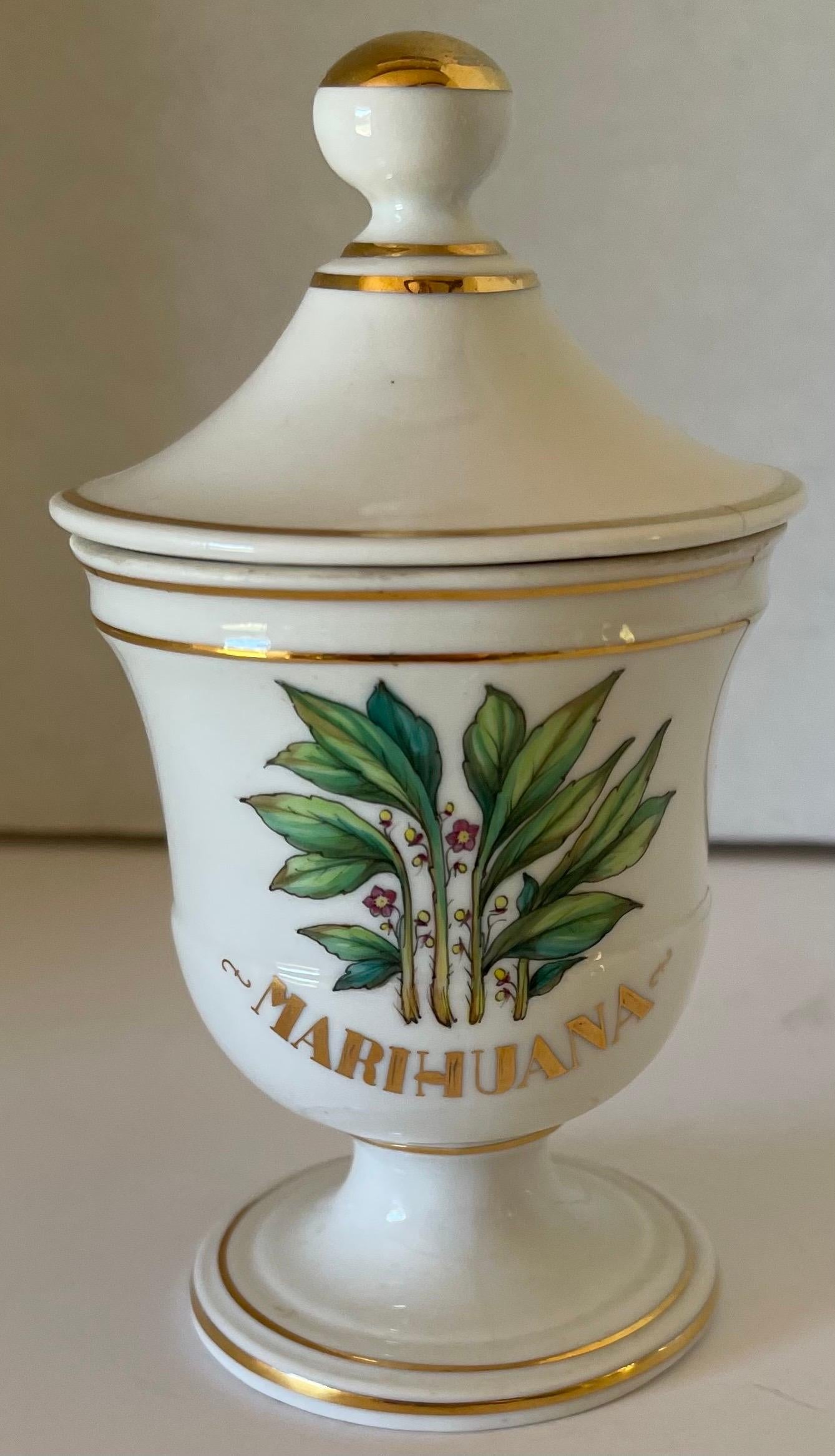 Limoges Marihuana porcelain gold rim apothecary jar. Signed on the underside.