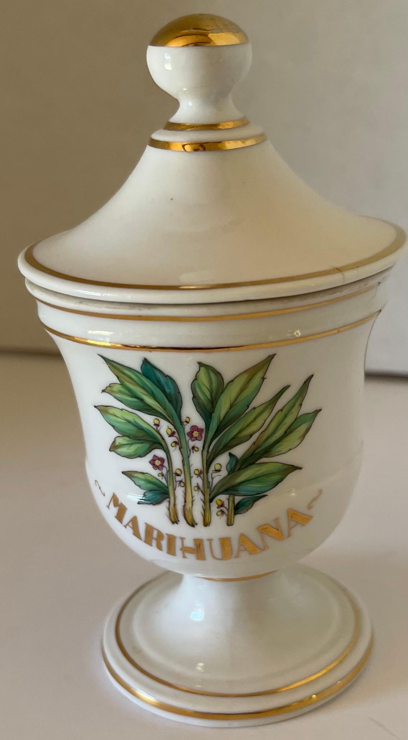 French Provincial Limoges Marihuana Gold Rimmed Apothecary Jar For Sale