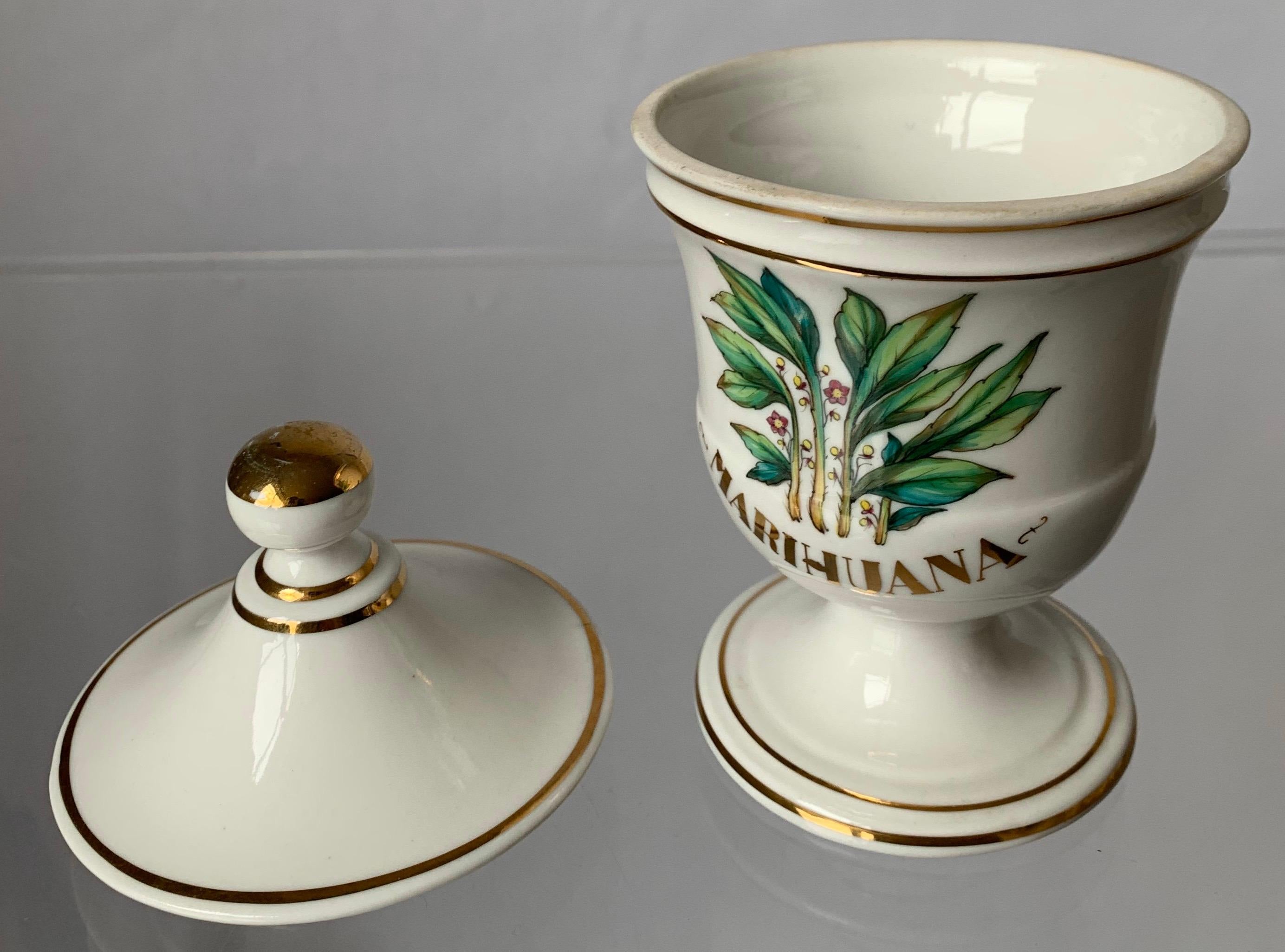 20th Century Limoges Marihuana Gold Rimmed Apothecary Jar