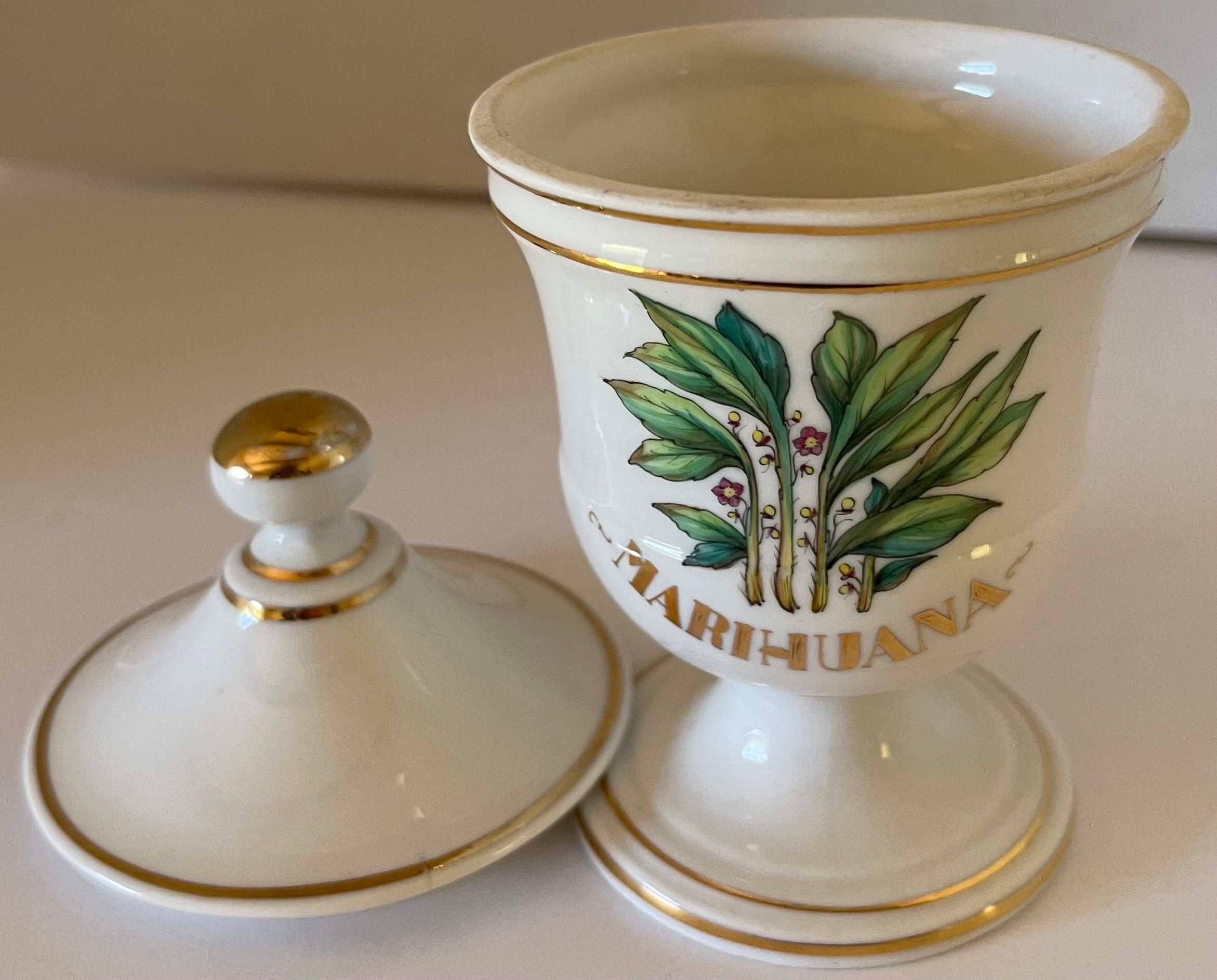 Porcelain Limoges Marihuana Gold Rimmed Apothecary Jar For Sale