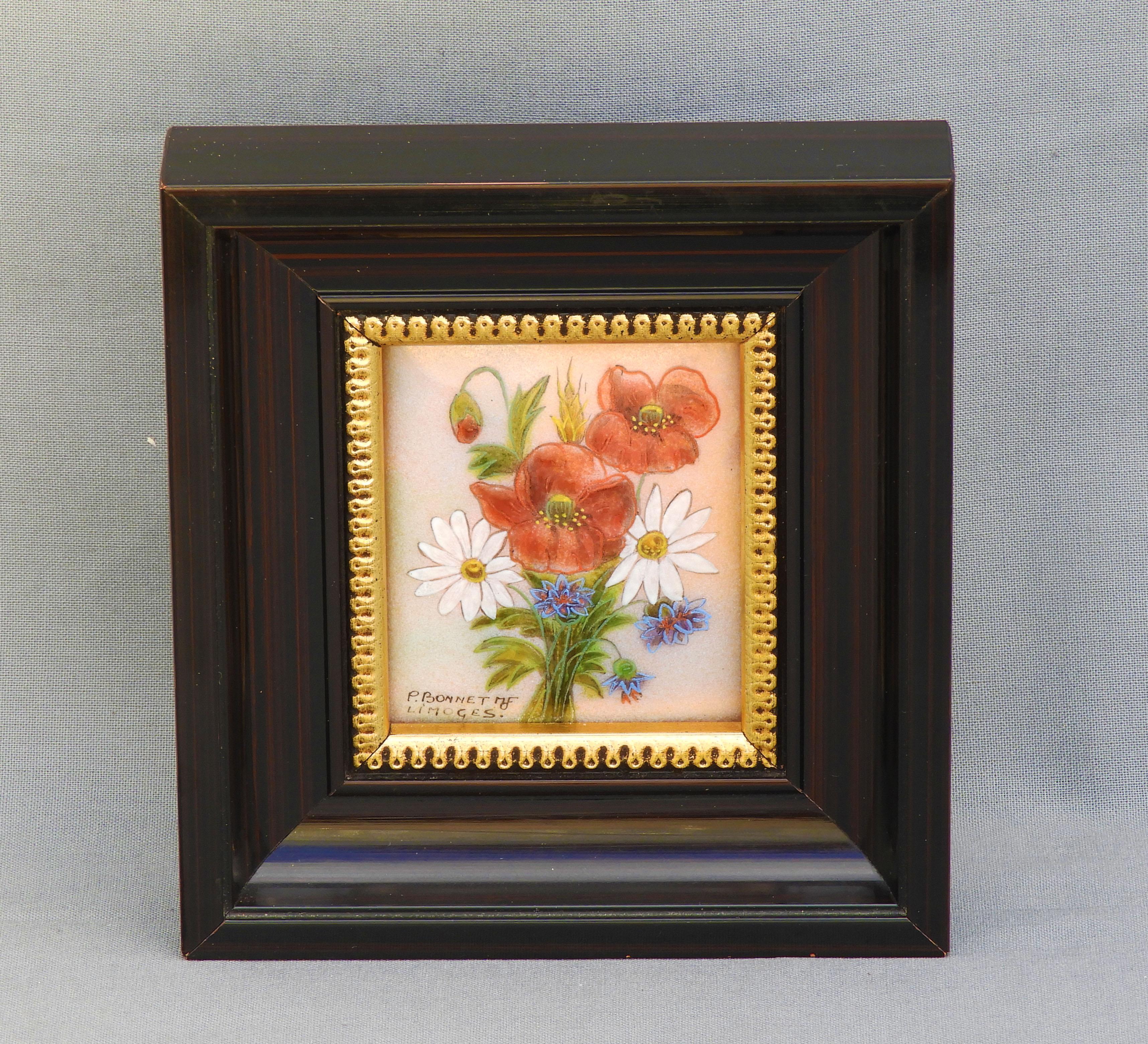 Limoges Miniature Enamel still life plaque by P Bonnet

Charming still life Miniature Enamel plaque.

Hand painted bouquet of poppies, daisies and cornflowers.

Signed P. Bonnet MF, Limoges Master Enameller

France, circa 1930

Dimensions