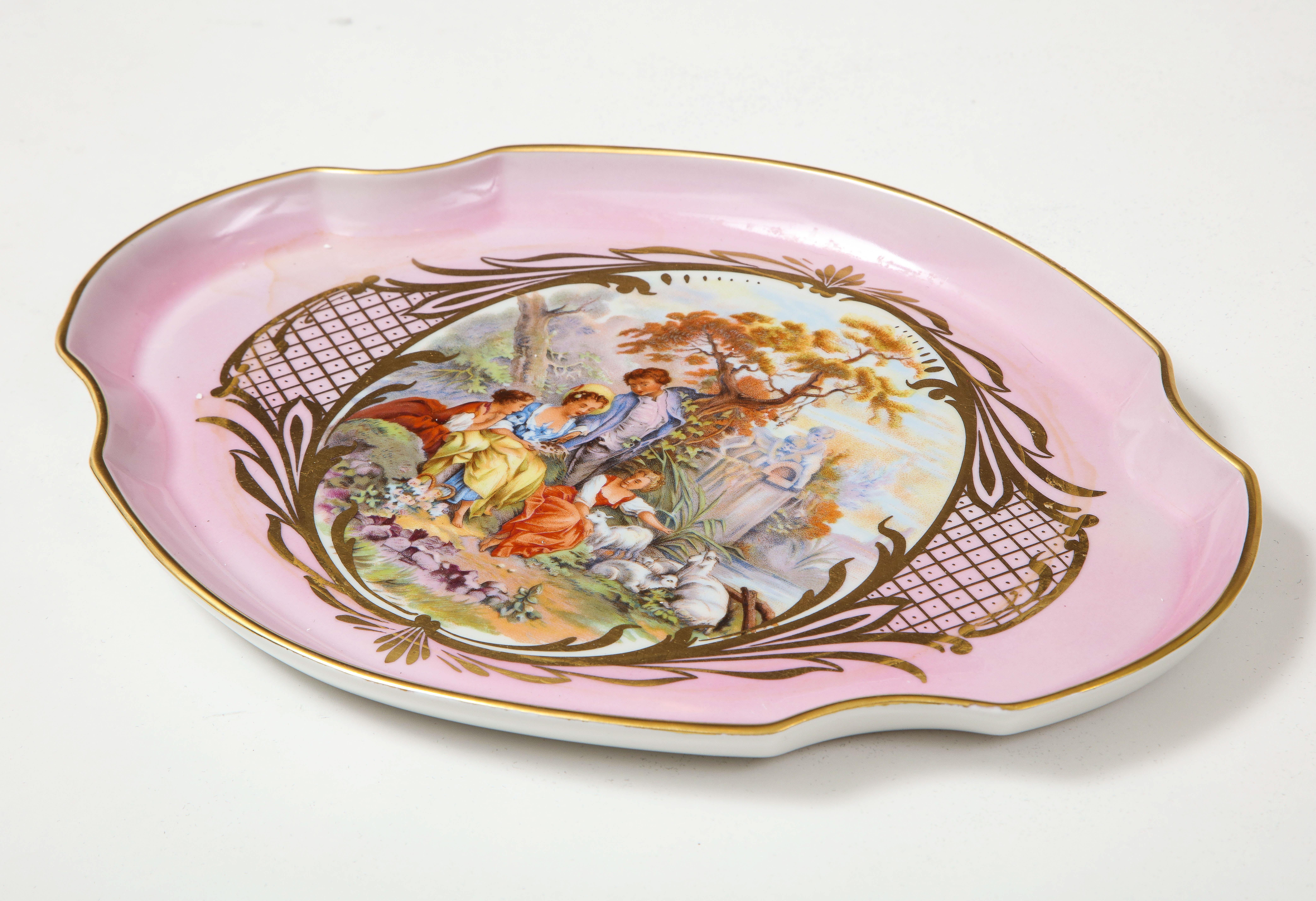 Turn of the century Paris Pink banded porcelain tray featuring lakeside leisure picnic with gold accents. Great as a serving or vanity tray.