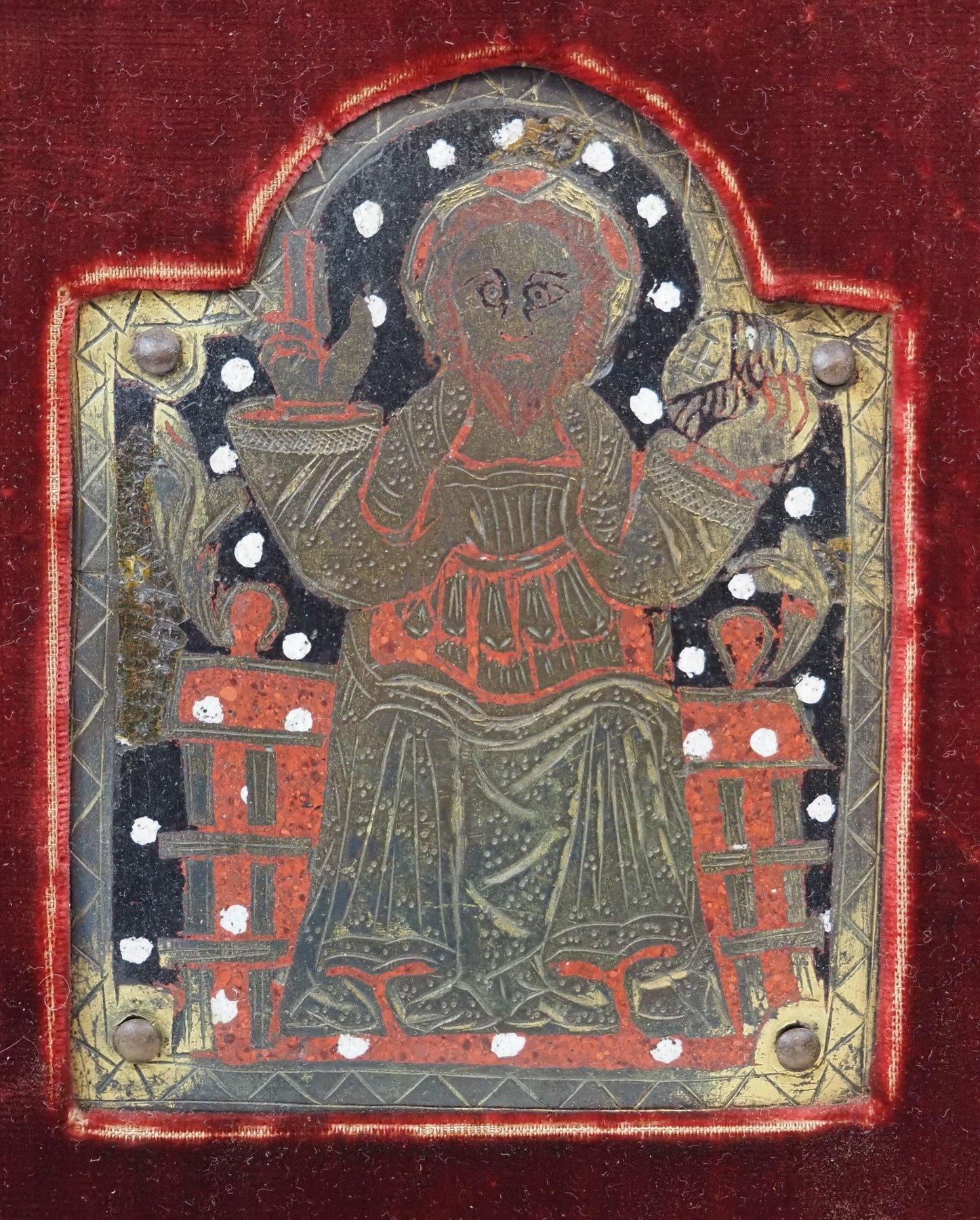 Espagnol Plaque de Limoges Christ Salvator Mundi en émail champlevé, Espagne, Navarre, XIVe s. en vente