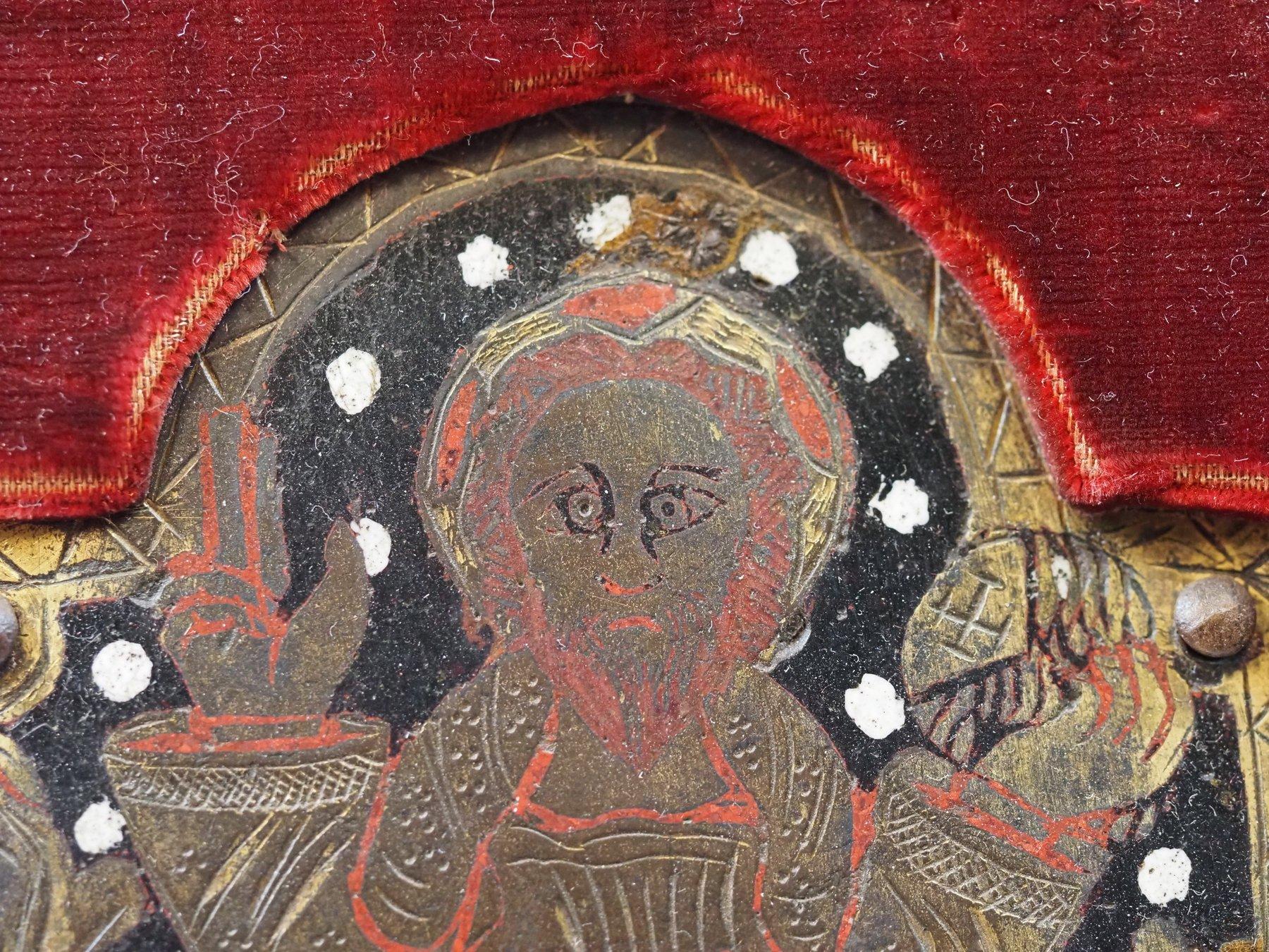 XVIIIe siècle et antérieur Plaque de Limoges Christ Salvator Mundi en émail champlevé, Espagne, Navarre, XIVe s. en vente