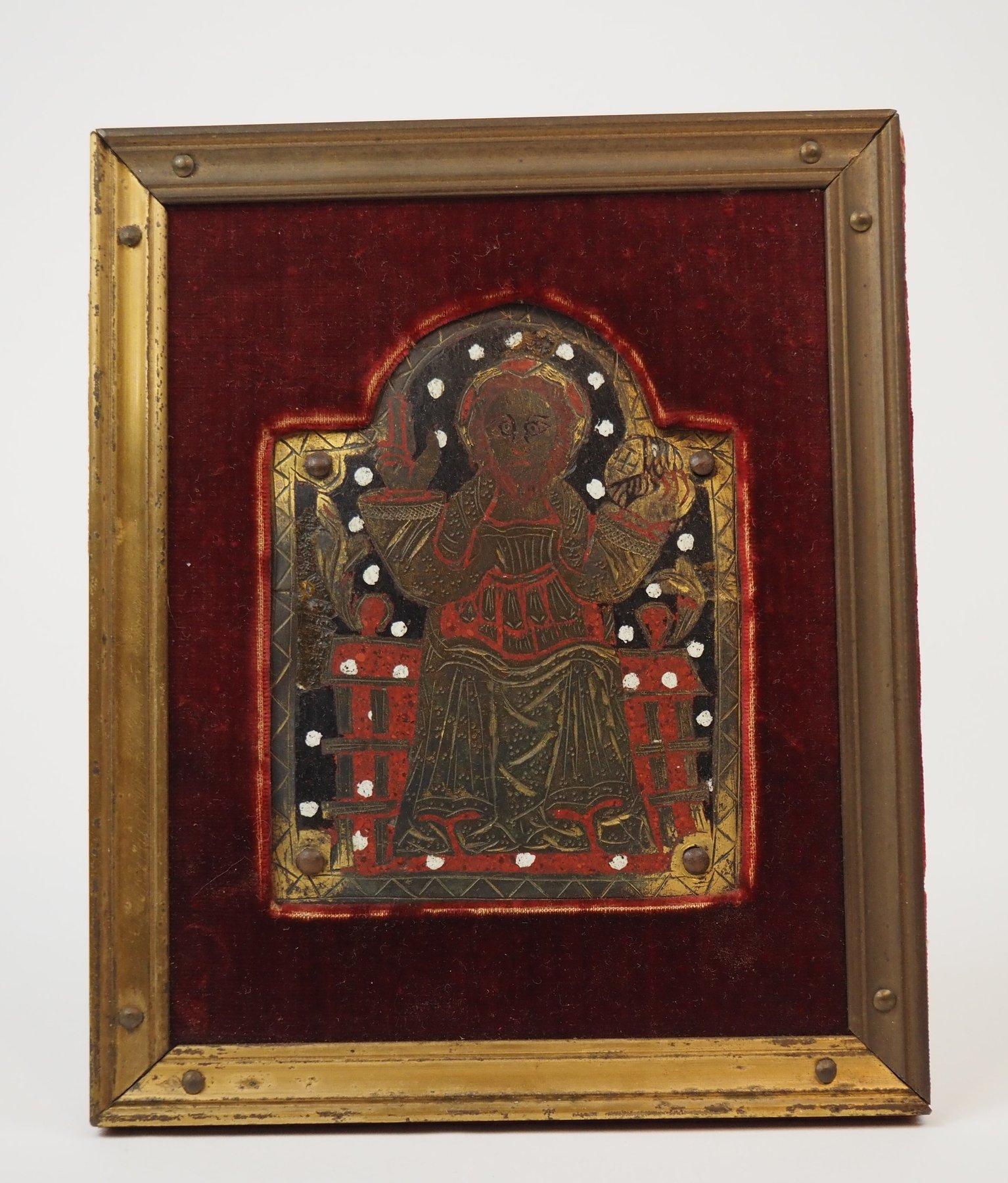 Plaque de Limoges Christ Salvator Mundi en émail champlevé, Espagne, Navarre, XIVe s. en vente 1