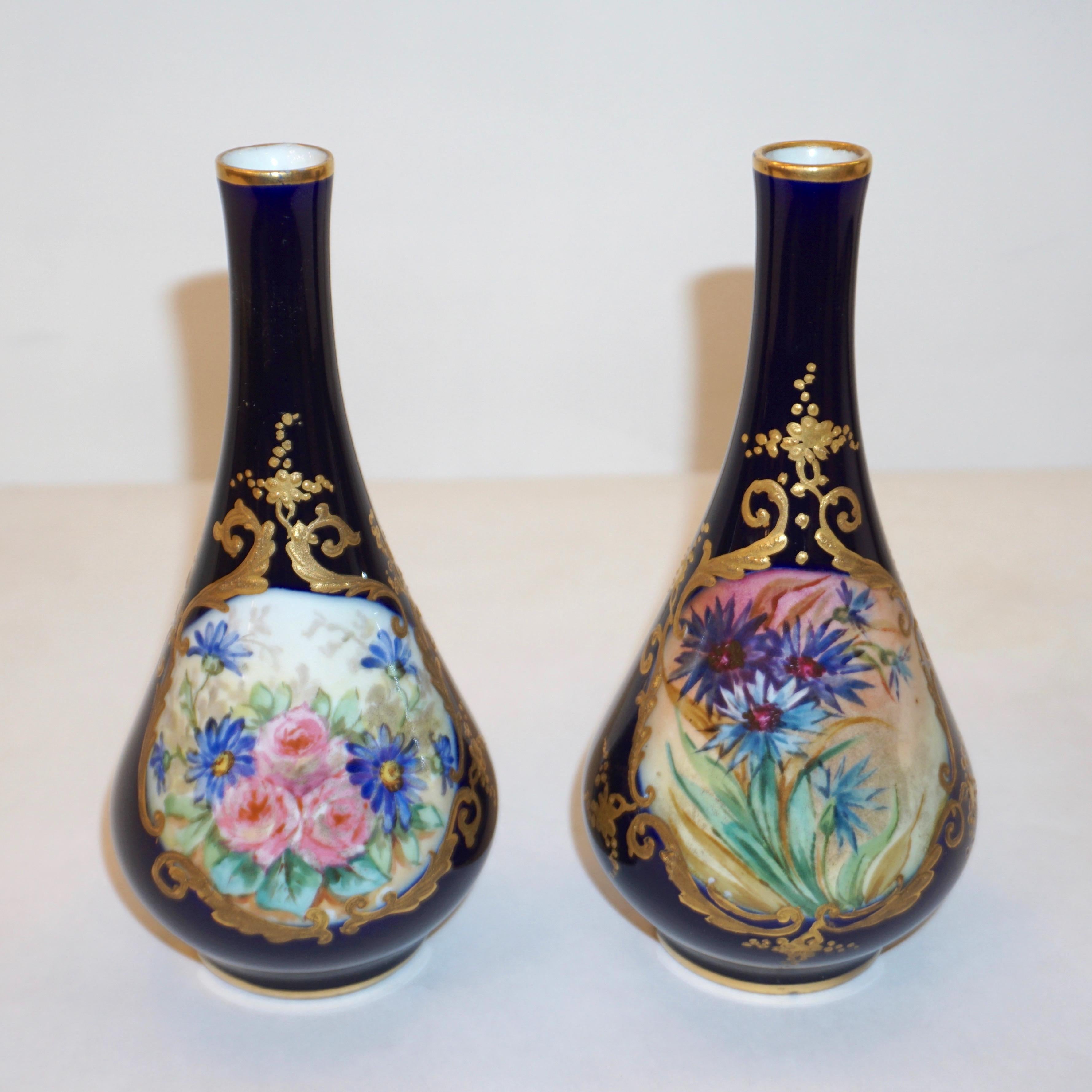 Gold Limoges Porcelain 1930s Vintage French Pair of Cobalt Blue One Flower Vases For Sale
