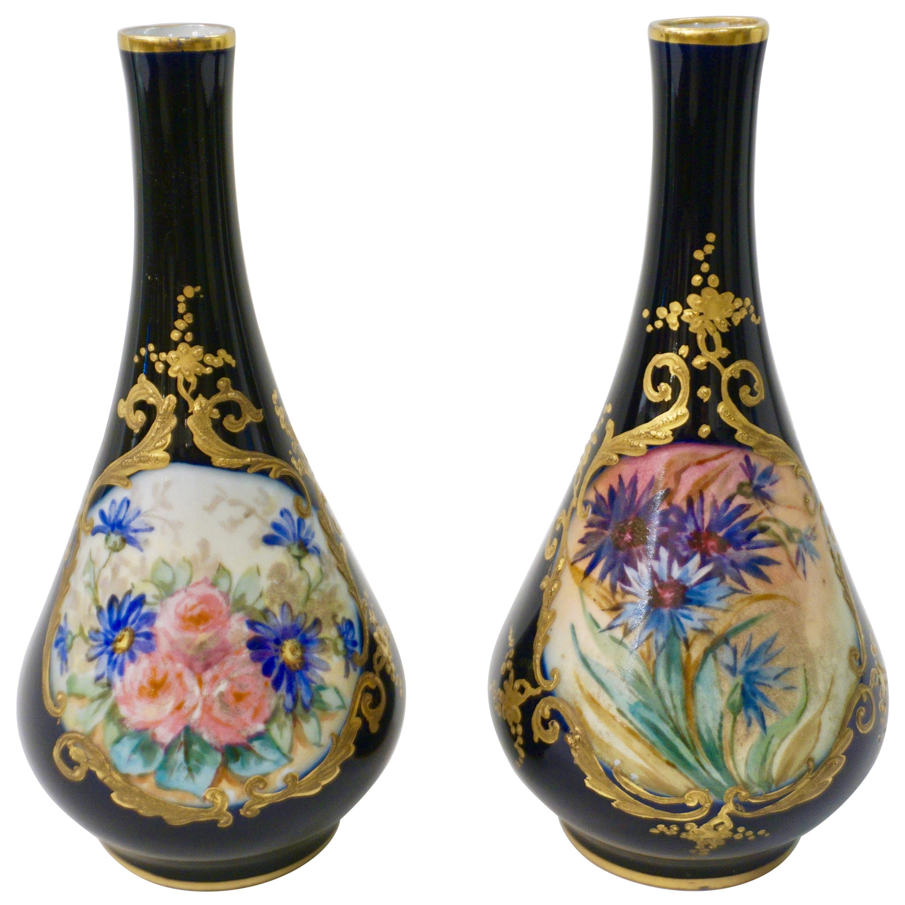 Limoges Porcelain 1930s Vintage French Pair of Cobalt Blue One Flower Vases