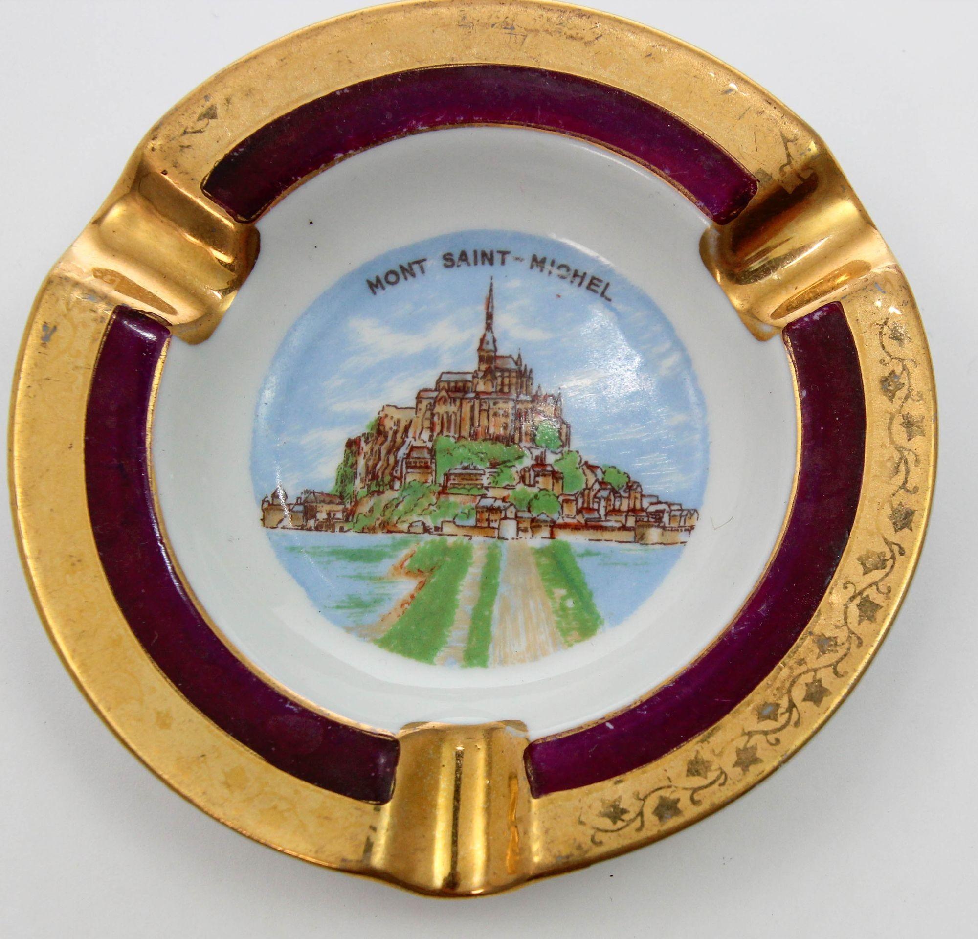 Louis XIV Limoges Porcelain Ashtray Mont Saint Michel Hand-Painted Dish France 1960s For Sale
