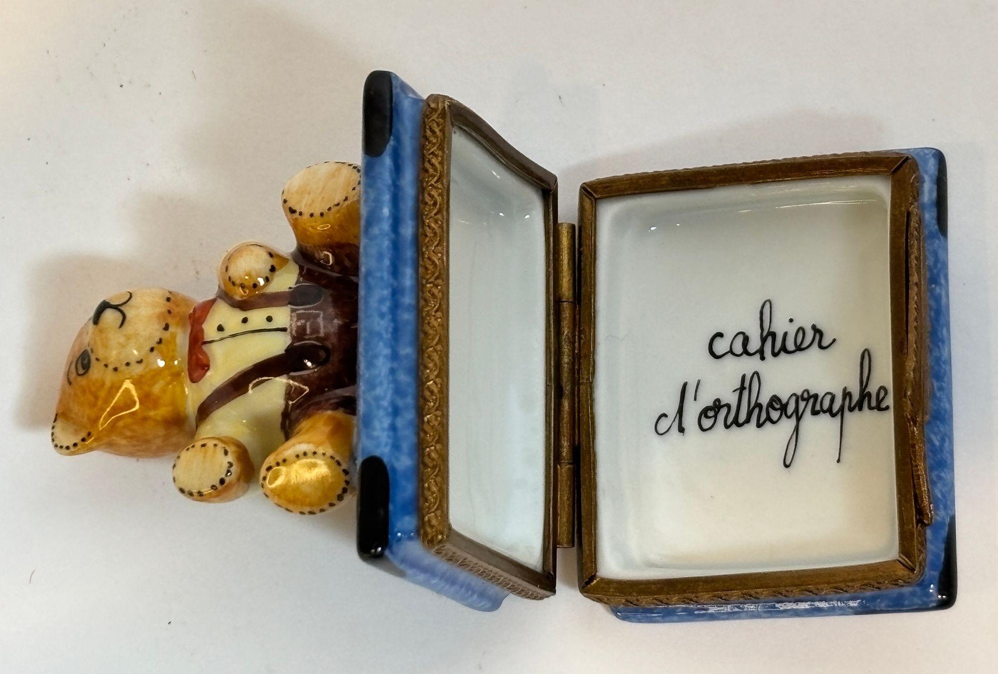 Limoges Porcelain Box with Teddy Bear on Book Hand-Painted France For Sale 3