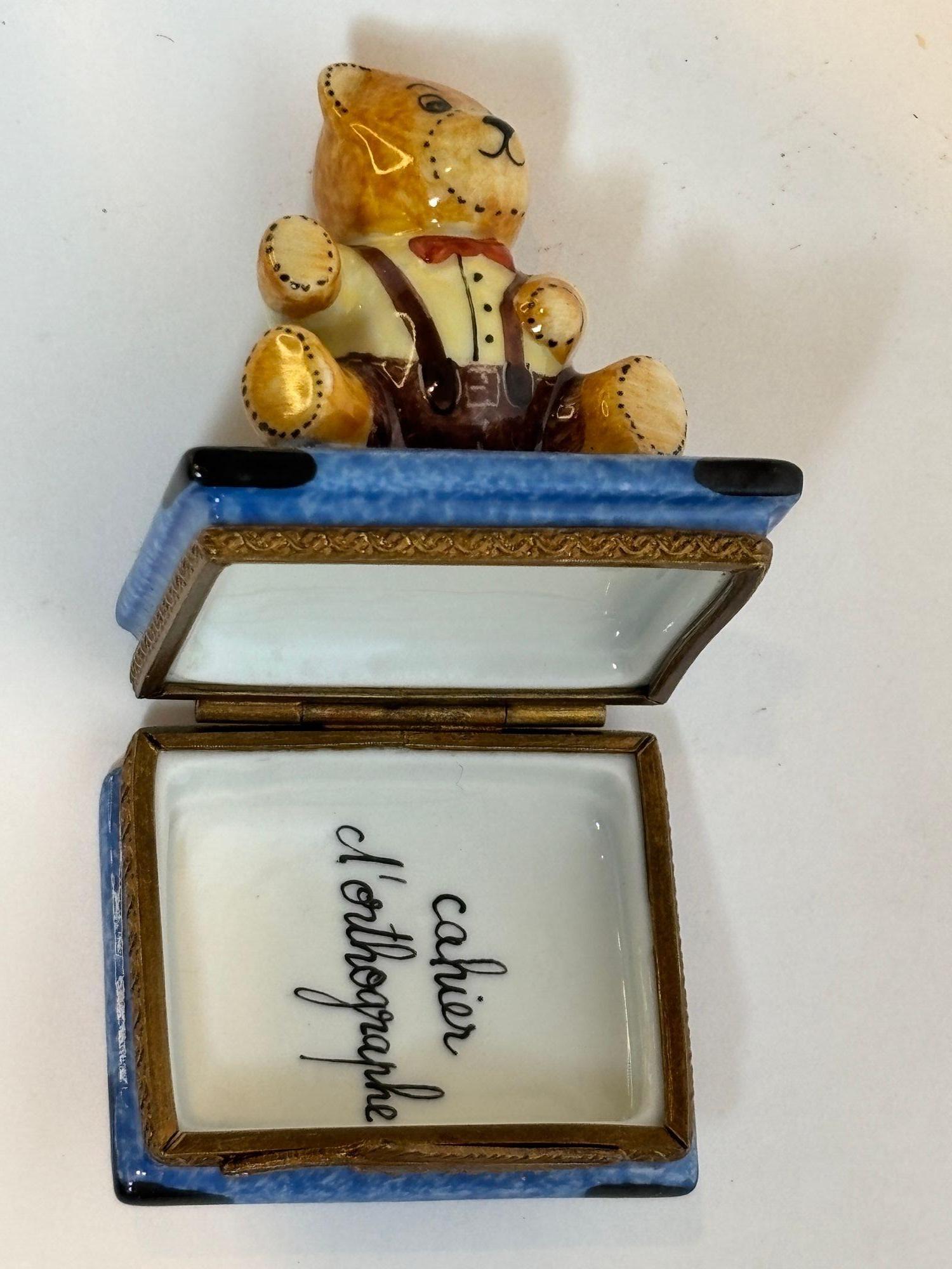Limoges Porcelain Box with Teddy Bear on Book Hand-Painted France For Sale 4