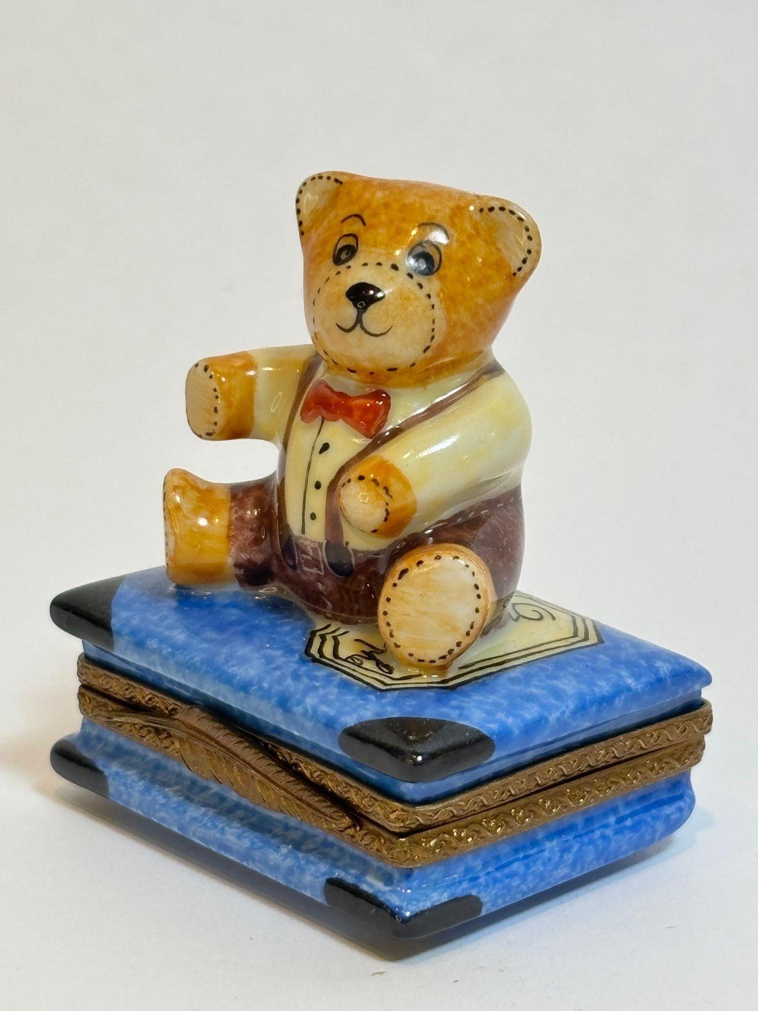 French Provincial Limoges Porcelain Box with Teddy Bear on Book Hand-Painted France For Sale