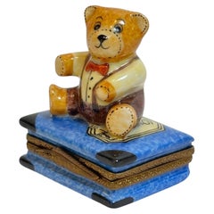 Limoges Porcelain Box with Teddy Bear on Book Hand-Painted France