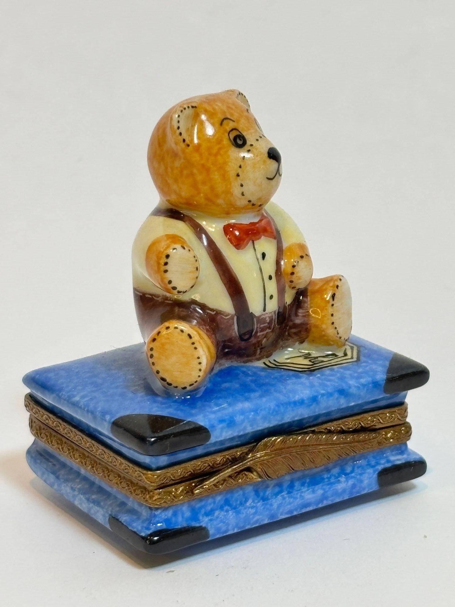 French Limoges Porcelain Box with Teddy Bear on Book Hand-Painted France For Sale