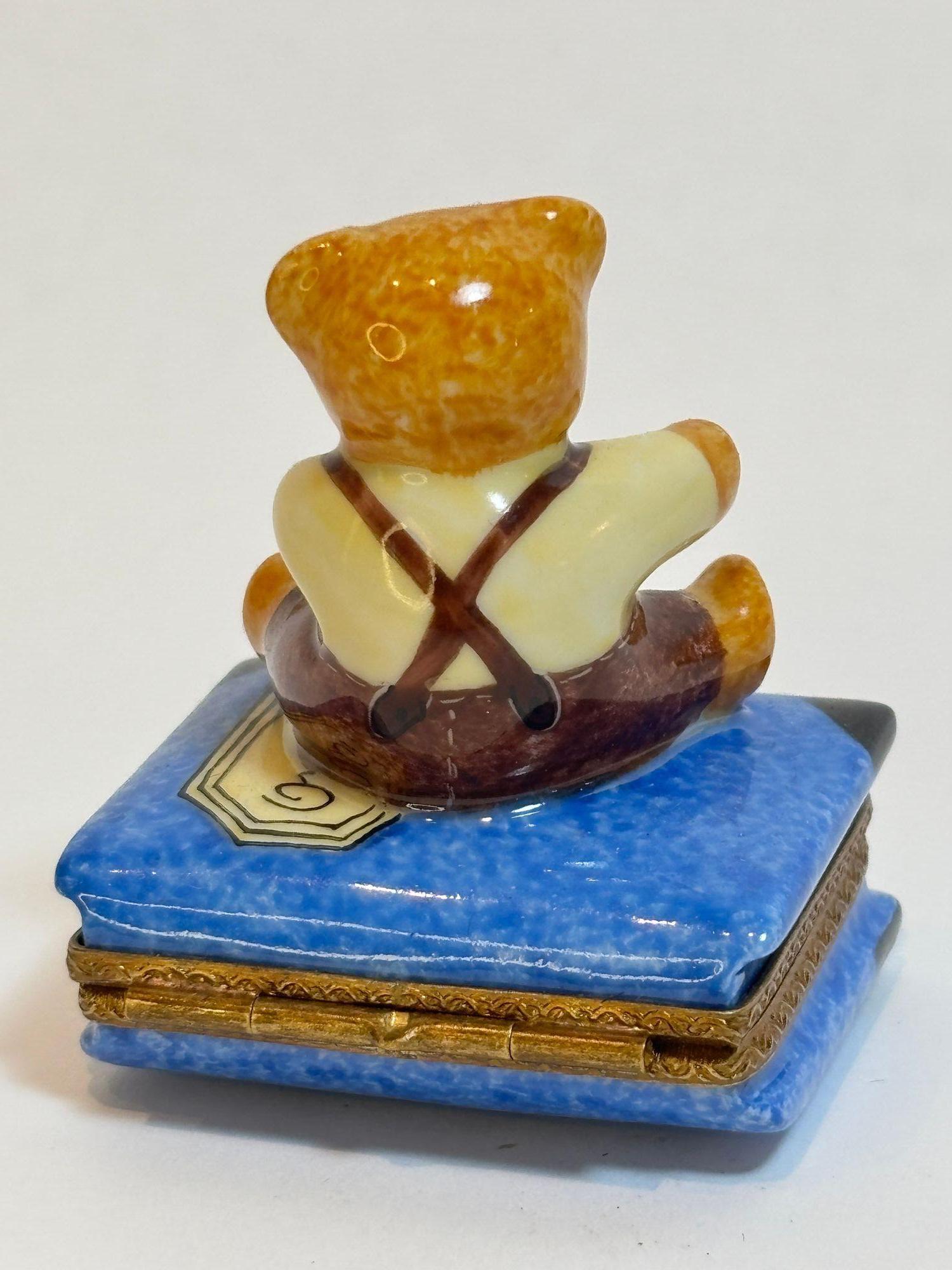 Hand-Crafted Limoges Porcelain Box with Teddy Bear on Book Hand-Painted France For Sale