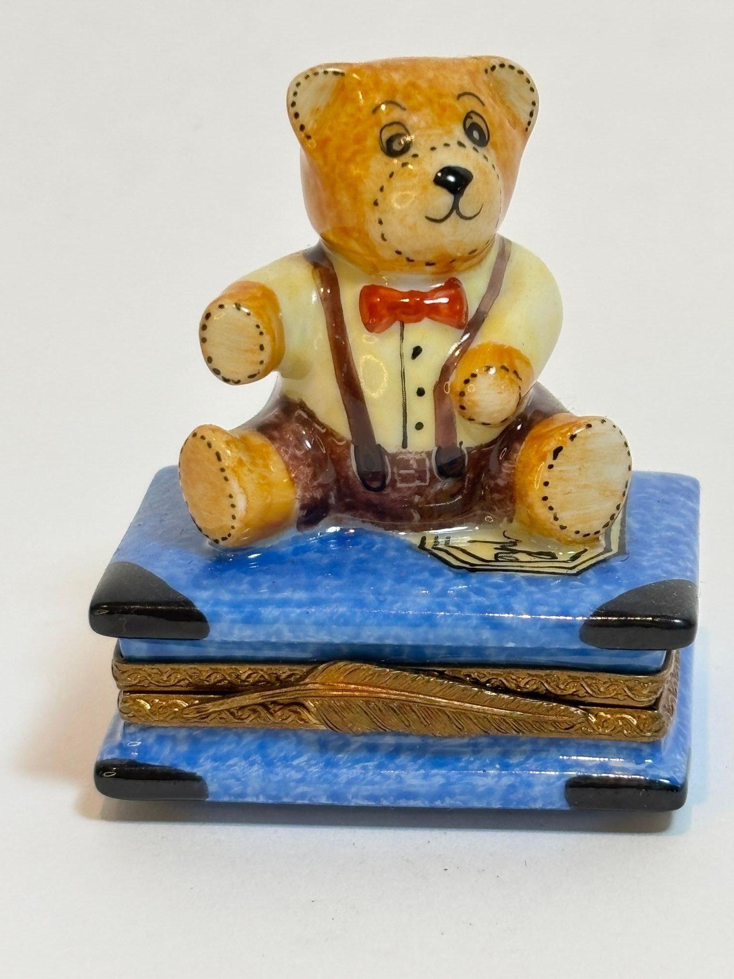 20th Century Limoges Porcelain Box with Teddy Bear on Book Hand-Painted France For Sale