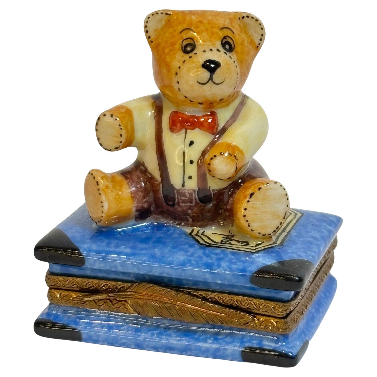 Limoges Porcelain Box with Teddy Bear on Book Hand-Painted France For Sale