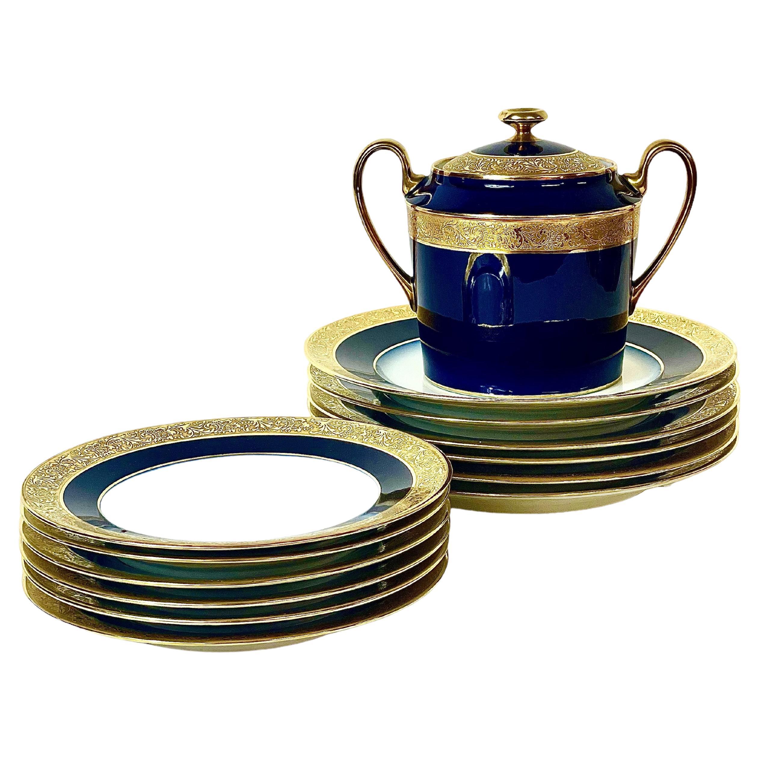 Limoges Porcelain Service Glazed in an Opulent Royal Blue with Gilt Edges For Sale