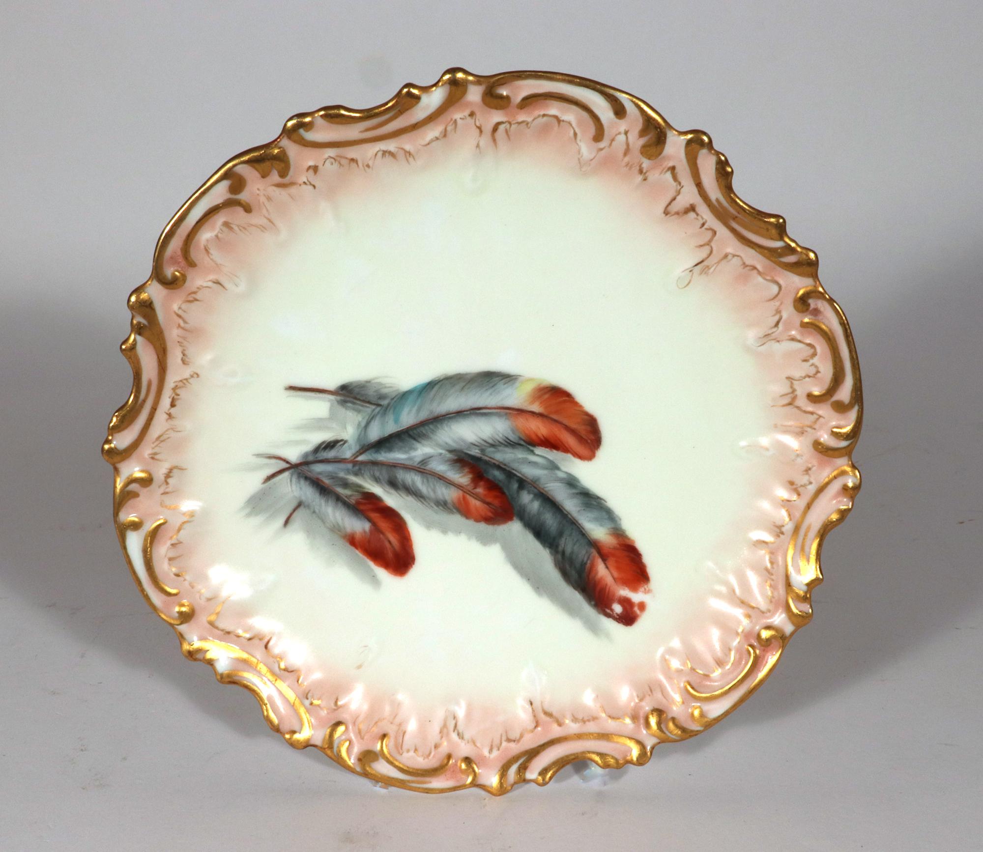Limoges Porcelain Dessert Plates decorated with Feathers, Set of Ten 5