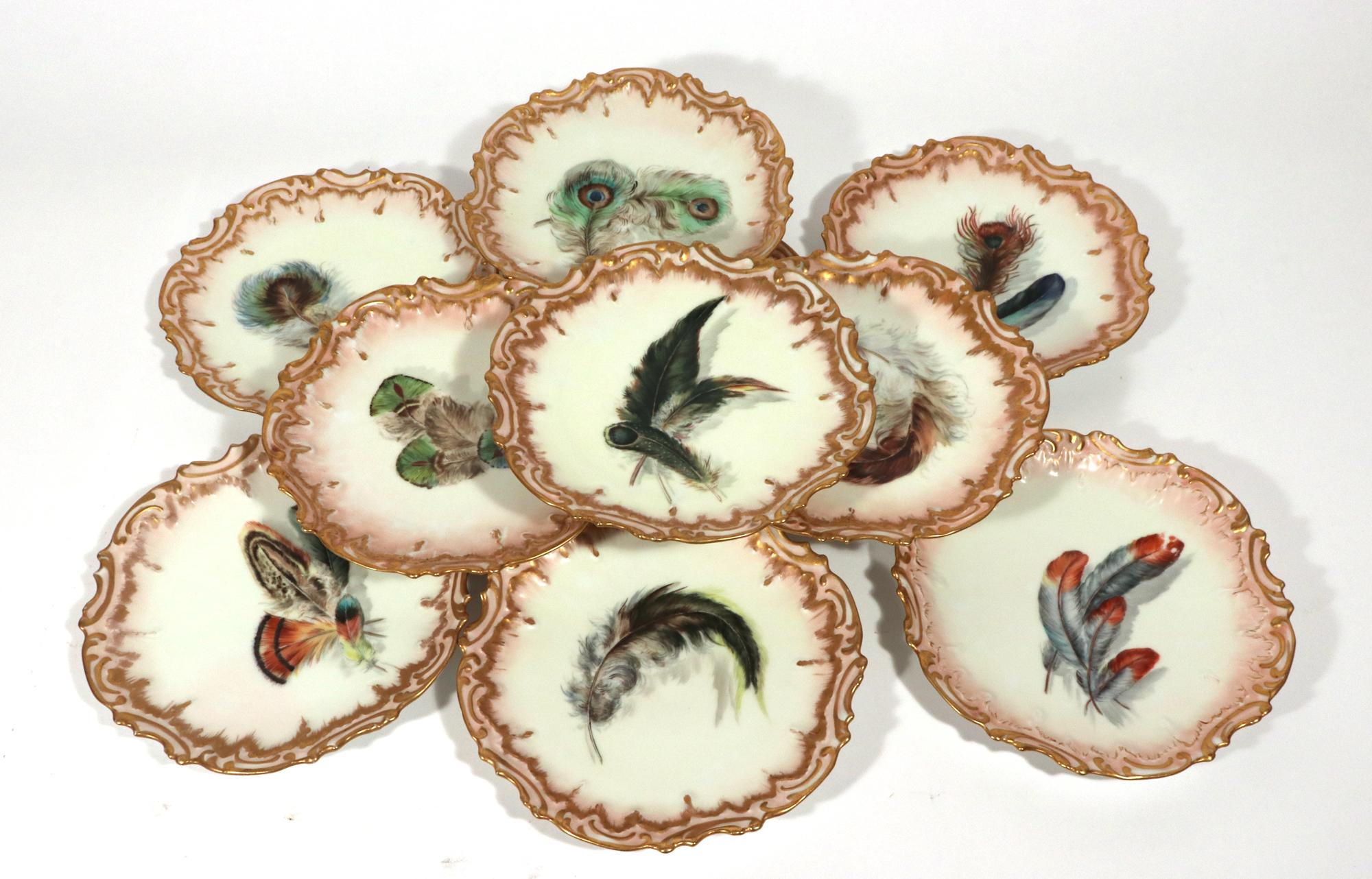 Victorian Limoges Porcelain Dessert Plates decorated with Feathers, Set of Ten