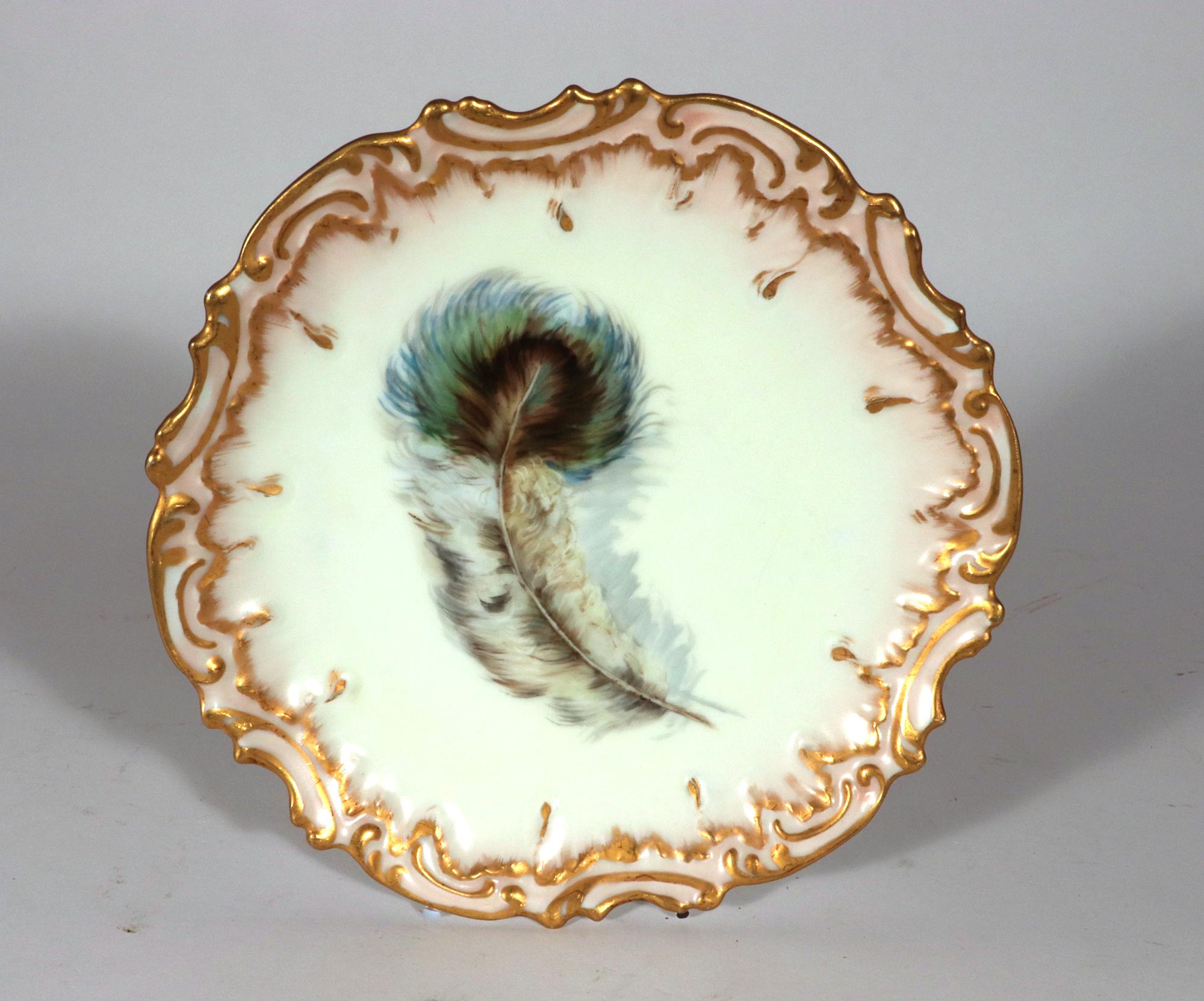 19th Century Limoges Porcelain Dessert Plates decorated with Feathers, Set of Ten