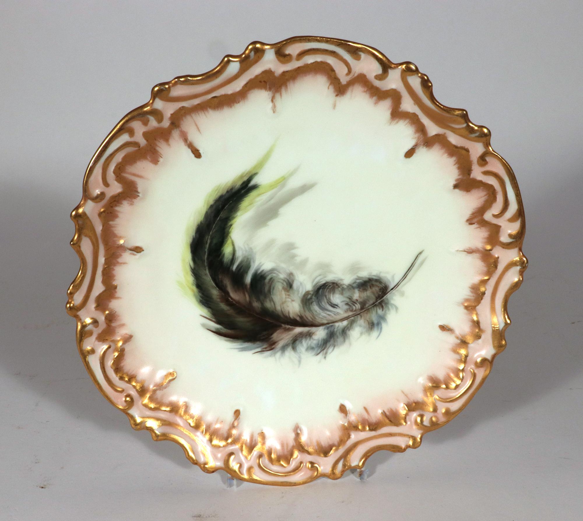 Limoges Porcelain Dessert Plates decorated with Feathers, Set of Ten 3