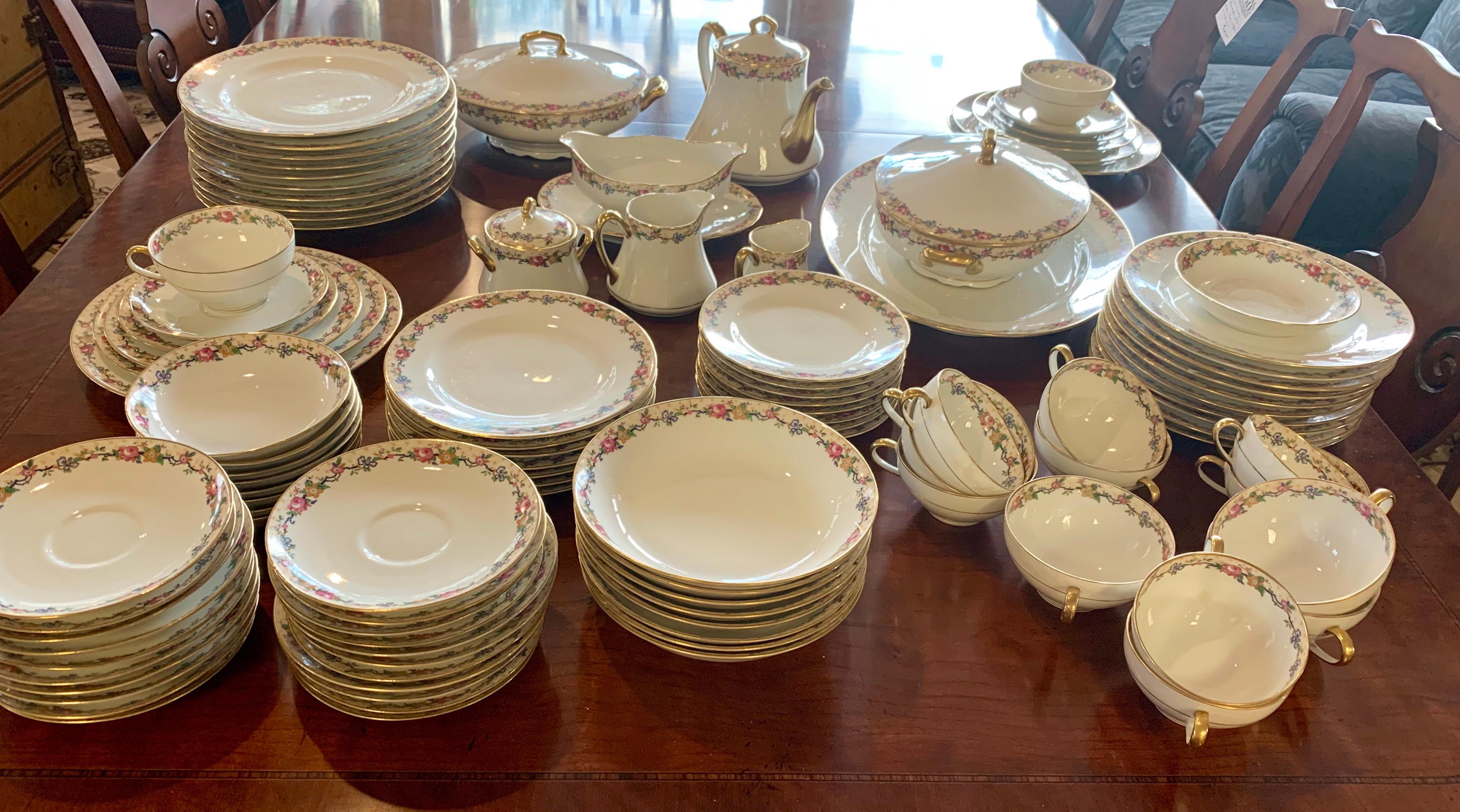 Stunning, antique Limoges fine porcelain china set with serve for twelve as well as serving pieces.
Please see attached pictures to get an idea of detail. All Limoges hallmarks are below as well as Tildem Thurber, Providence, RI; the company that