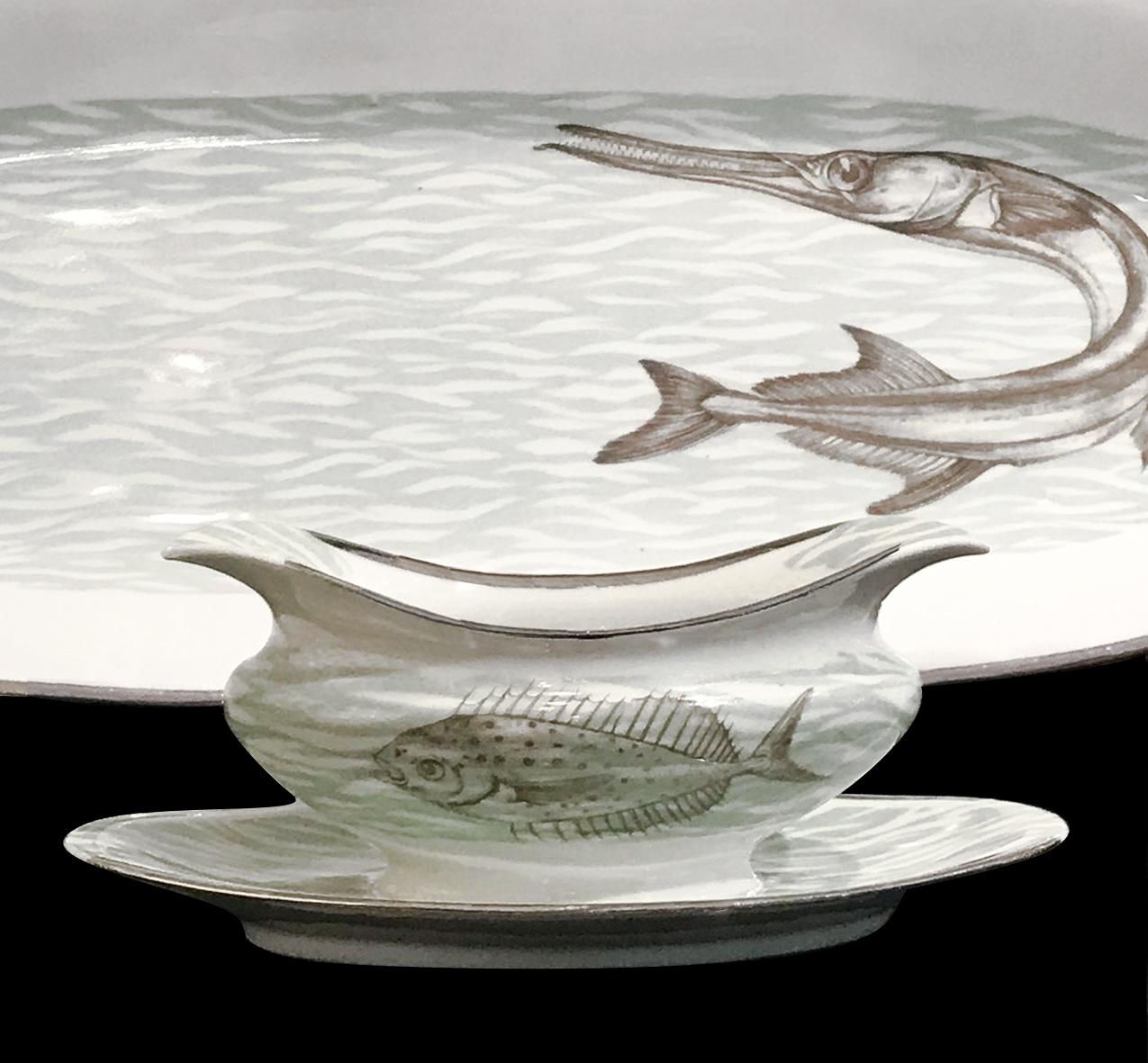 Porcelain Art Deco style Fish Service for 12 People by Bernardaud Limoges  c. 1970 For Sale